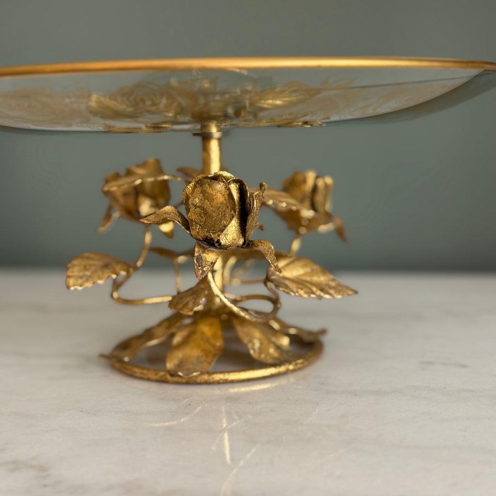 Vintage Italian Tole Gold Gilt Roses with Etched Glass Pedestal Dish