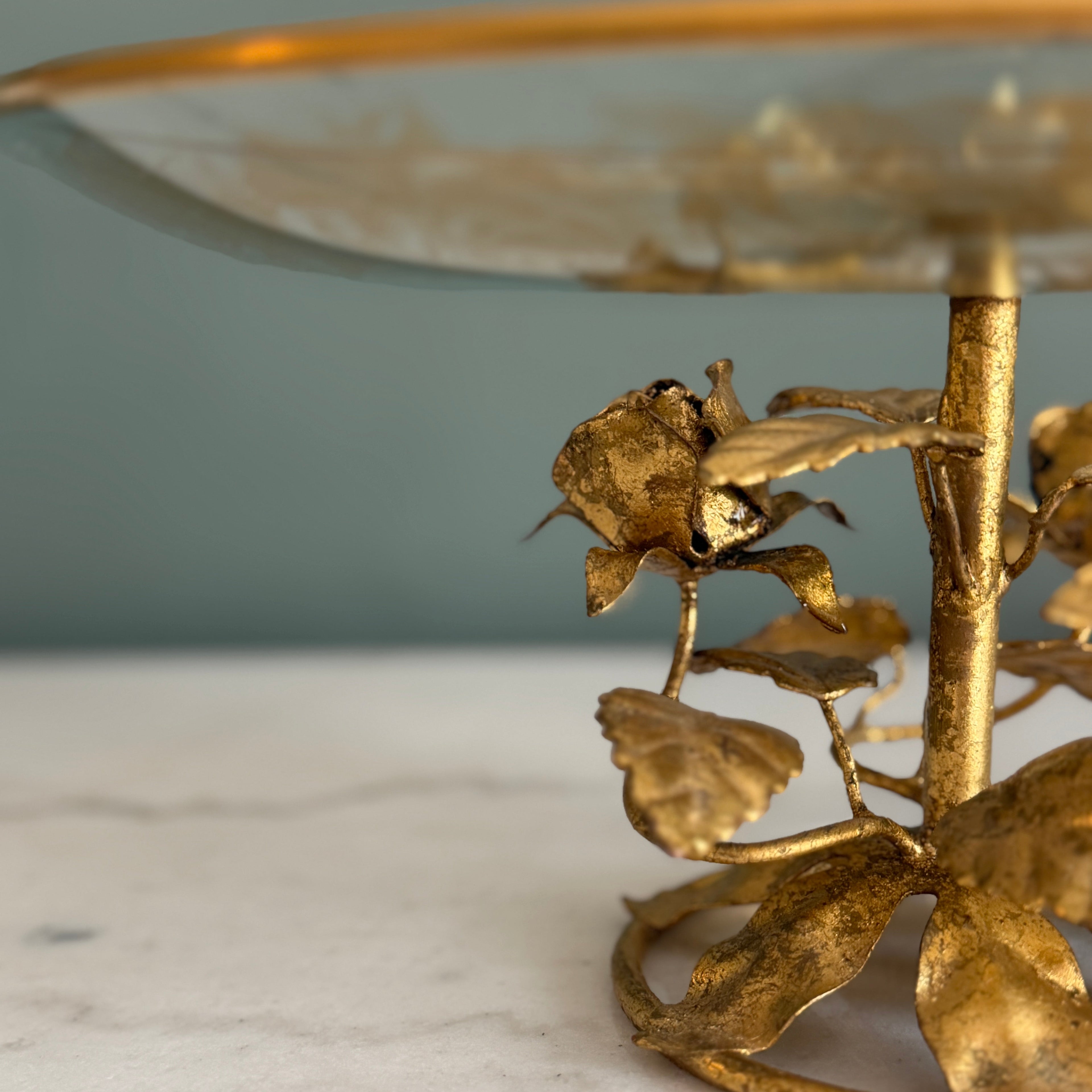 Vintage Italian Tole Gold Gilt Roses with Etched Glass Pedestal Dish