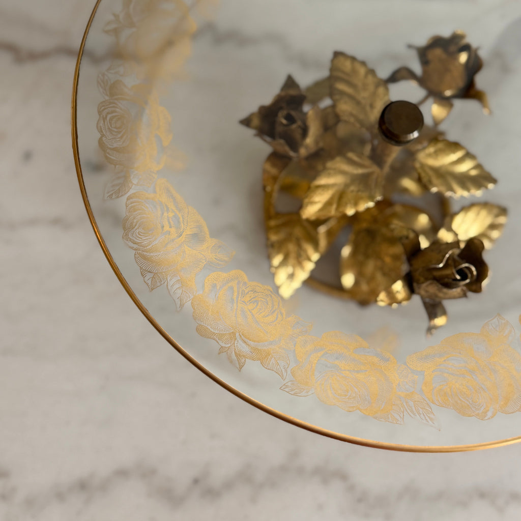 Vintage Italian Tole Gold Gilt Roses with Etched Glass Pedestal Dish