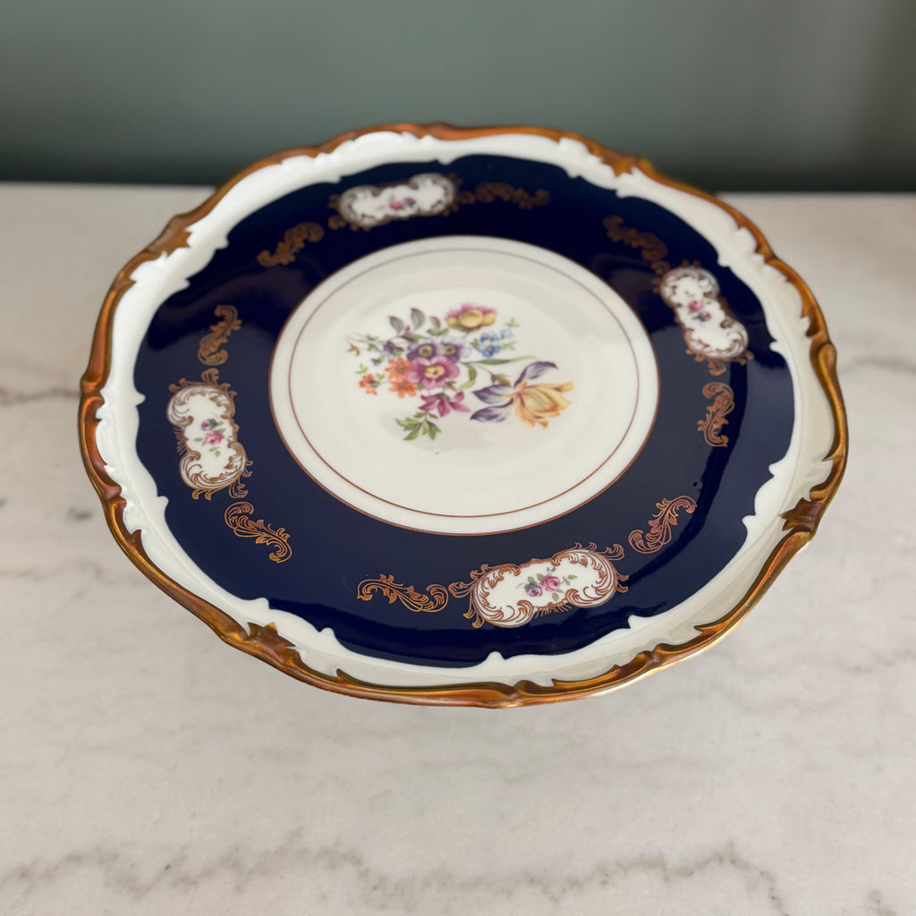Antique Reichenbach Cobalt Blue Pedestal Cake Stand | Hand-Painted Floral, 24K Gold Trim