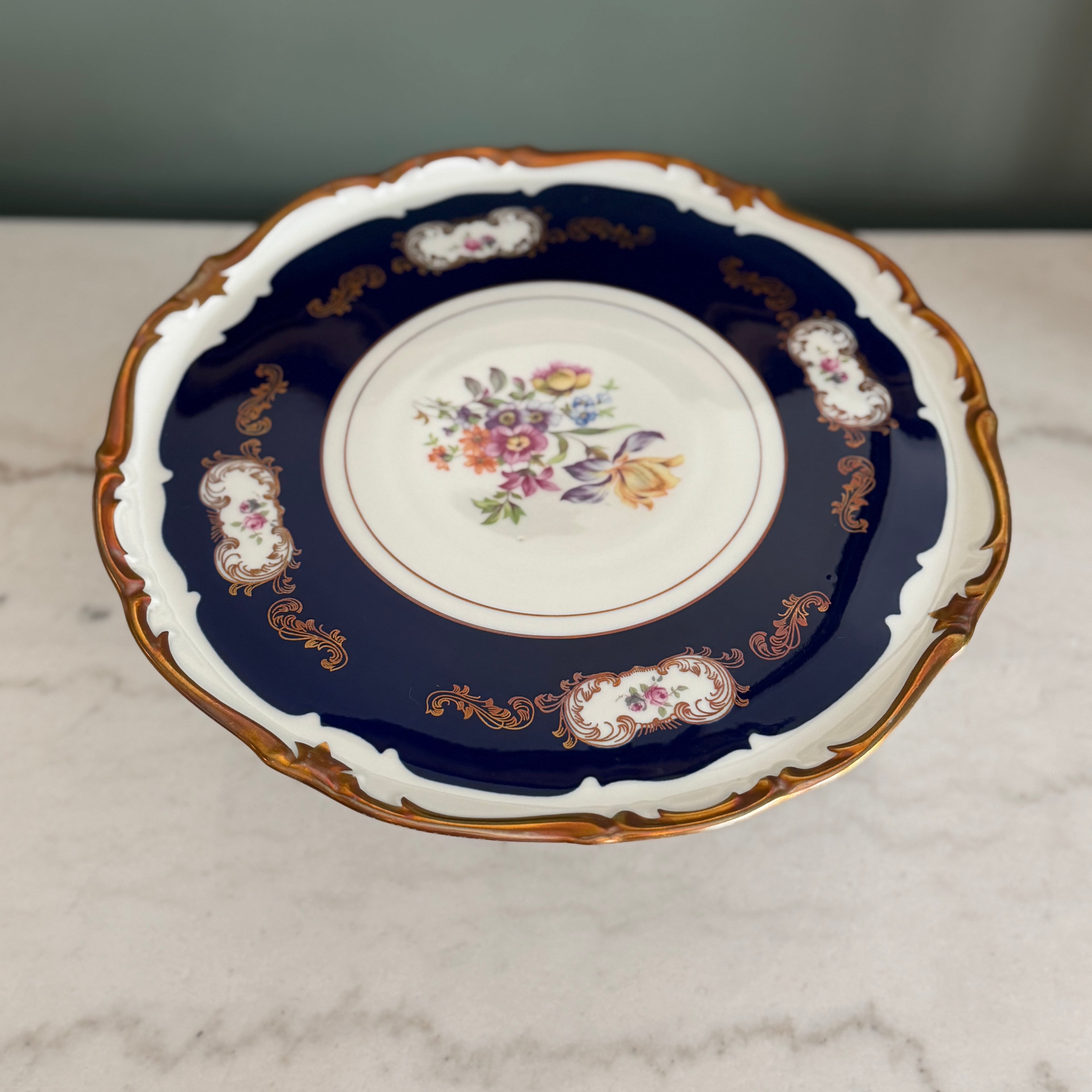 Antique Reichenbach Cobalt Blue Pedestal Cake Stand | Hand-Painted Floral, 24K Gold Trim