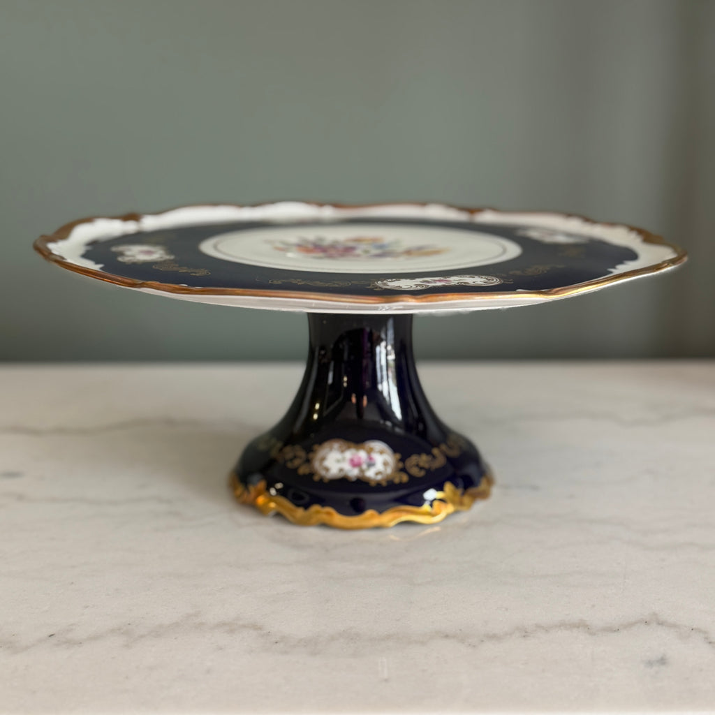 Antique Reichenbach Cobalt Blue Pedestal Cake Stand | Hand-Painted Floral, 24K Gold Trim