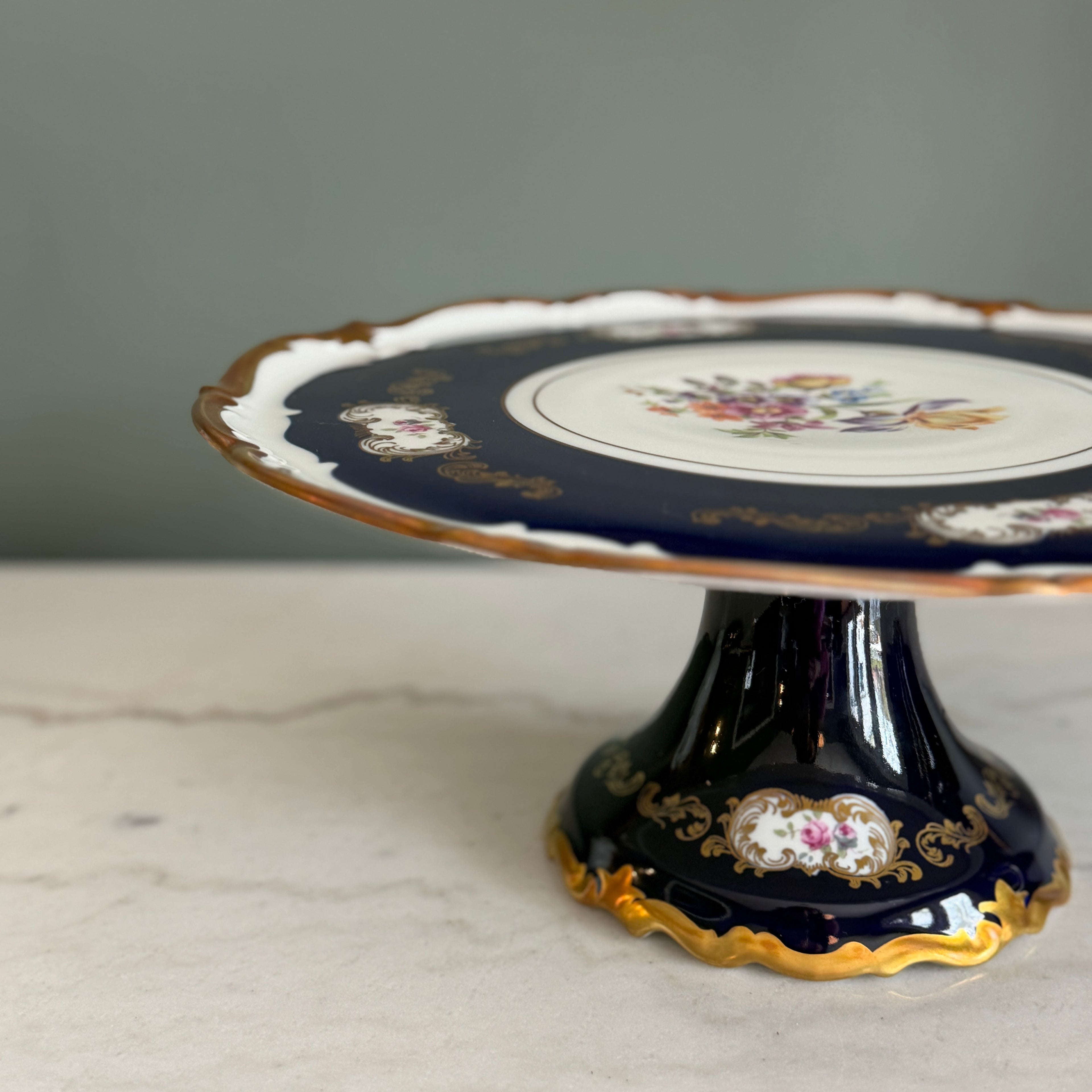 Antique Reichenbach Cobalt Blue Pedestal Cake Stand | Hand-Painted Floral, 24K Gold Trim