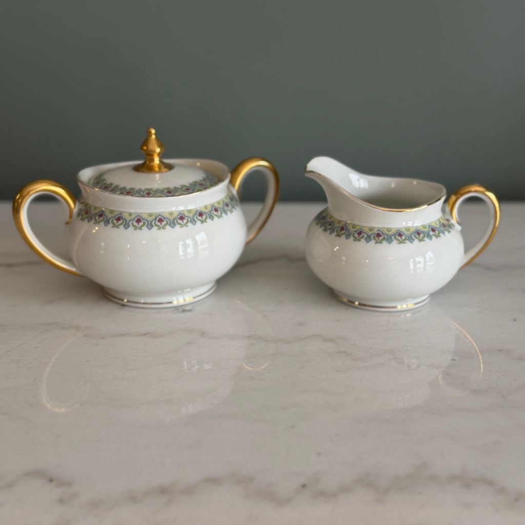 Antique c.1900 JPL Limoges France Porcelain Sugar Bowl and Creamer Set| Hand painted Floral Trim with Gilt Gold Handles| POY125
