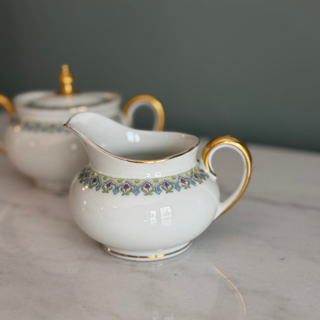 Antique c.1900 JPL Limoges France Porcelain Sugar Bowl and Creamer Set| Hand painted Floral Trim with Gilt Gold Handles| POY125