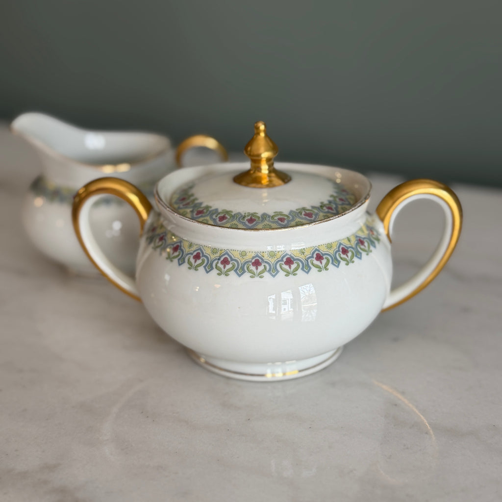 Antique c.1900 JPL Limoges France Porcelain Sugar Bowl and Creamer Set| Hand painted Floral Trim with Gilt Gold Handles| POY125