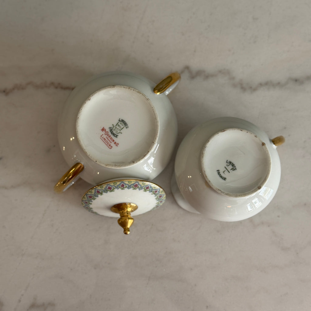 Antique c.1900 JPL Limoges France Porcelain Sugar Bowl and Creamer Set| Hand painted Floral Trim with Gilt Gold Handles| POY125