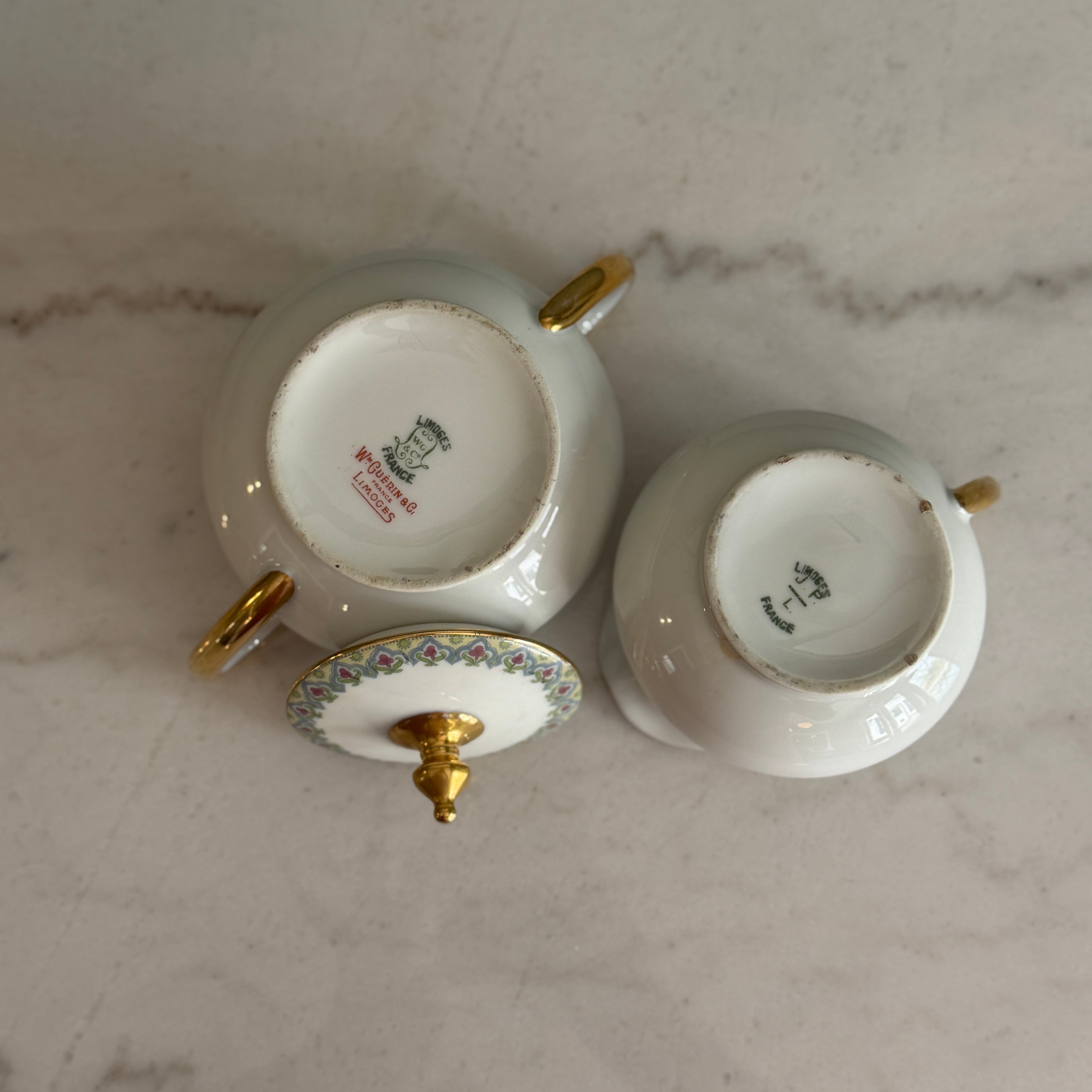 Antique c.1900 JPL Limoges France Porcelain Sugar Bowl and Creamer Set| Hand painted Floral Trim with Gilt Gold Handles| POY125