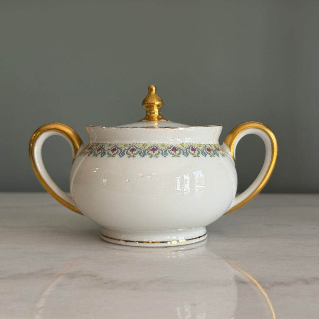 Antique c.1900 JPL Limoges France Porcelain Sugar Bowl and Creamer Set| Hand painted Floral Trim with Gilt Gold Handles| POY125