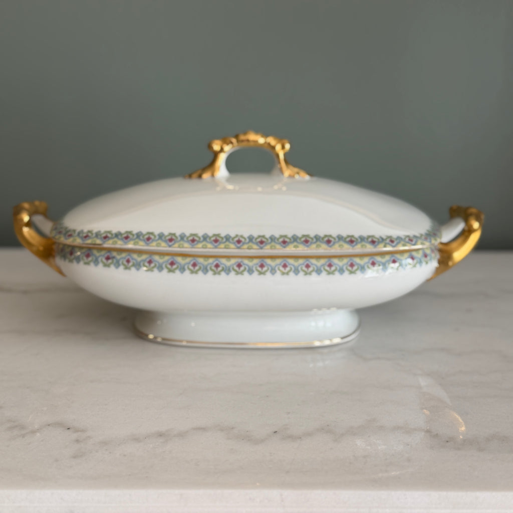 Antique c.1900 JPL Limoges France Porcelain Tureen 12"| Hand-painted Floral Border with Gilt Gold Handles and Trim| POY125