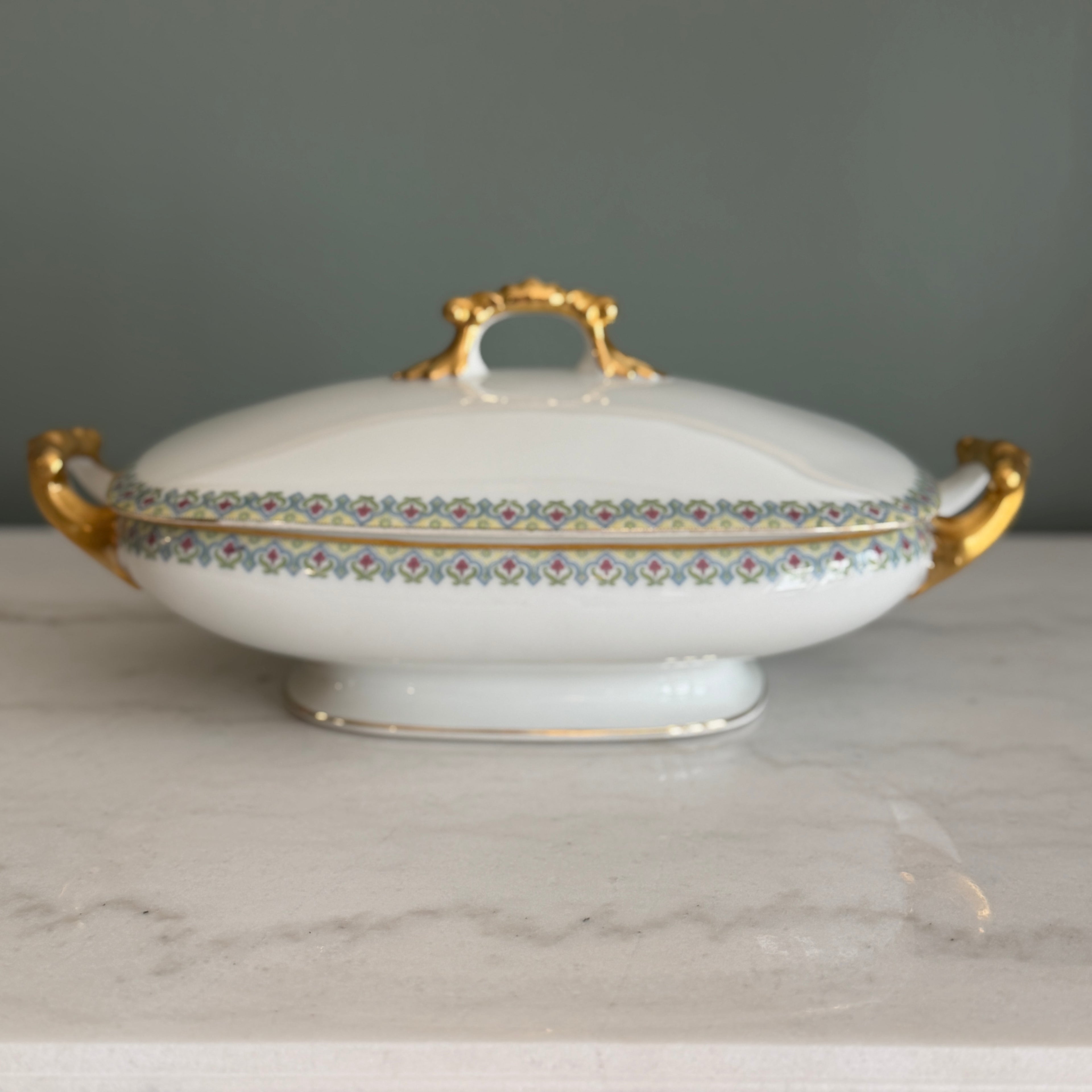 Antique c.1900 JPL Limoges France Porcelain Tureen 12"| Hand-painted Floral Border with Gilt Gold Handles and Trim| POY125
