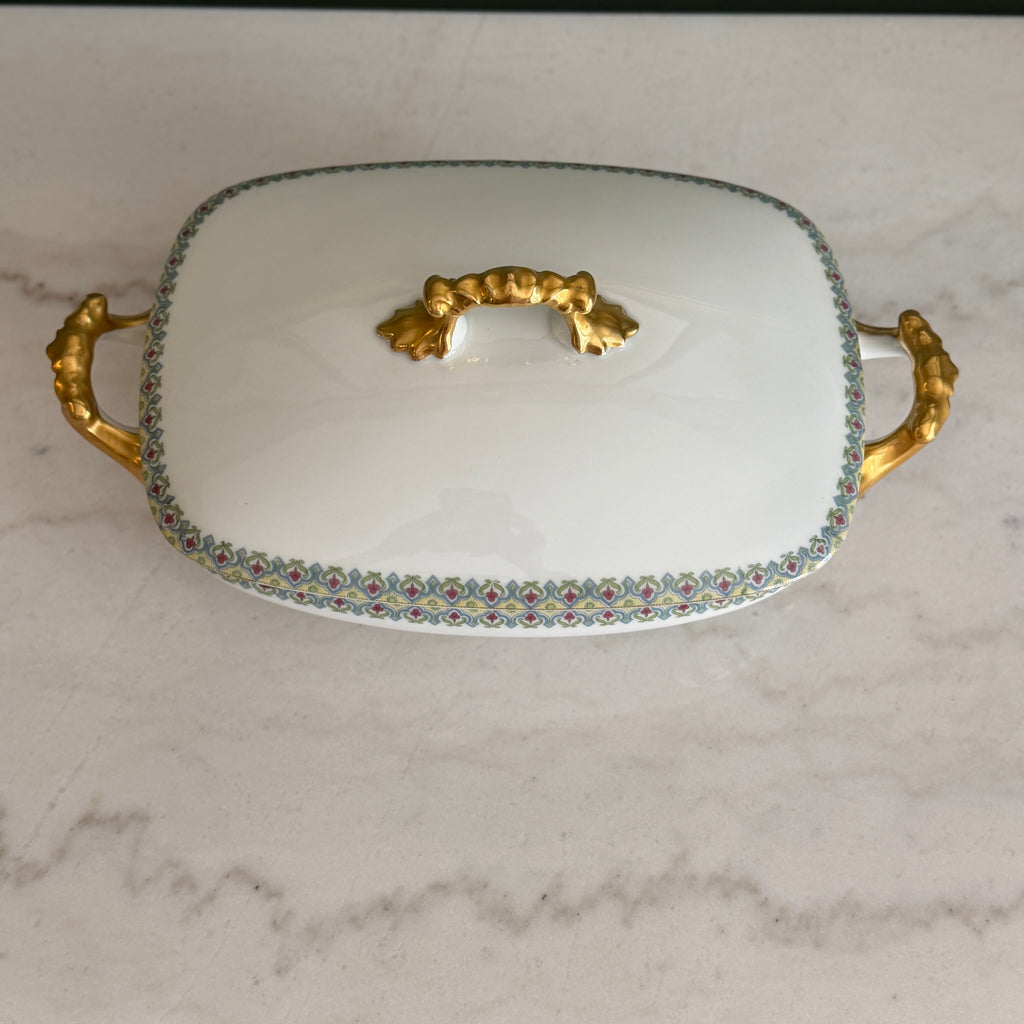Antique c.1900 JPL Limoges France Porcelain Tureen 12"| Hand-painted Floral Border with Gilt Gold Handles and Trim| POY125
