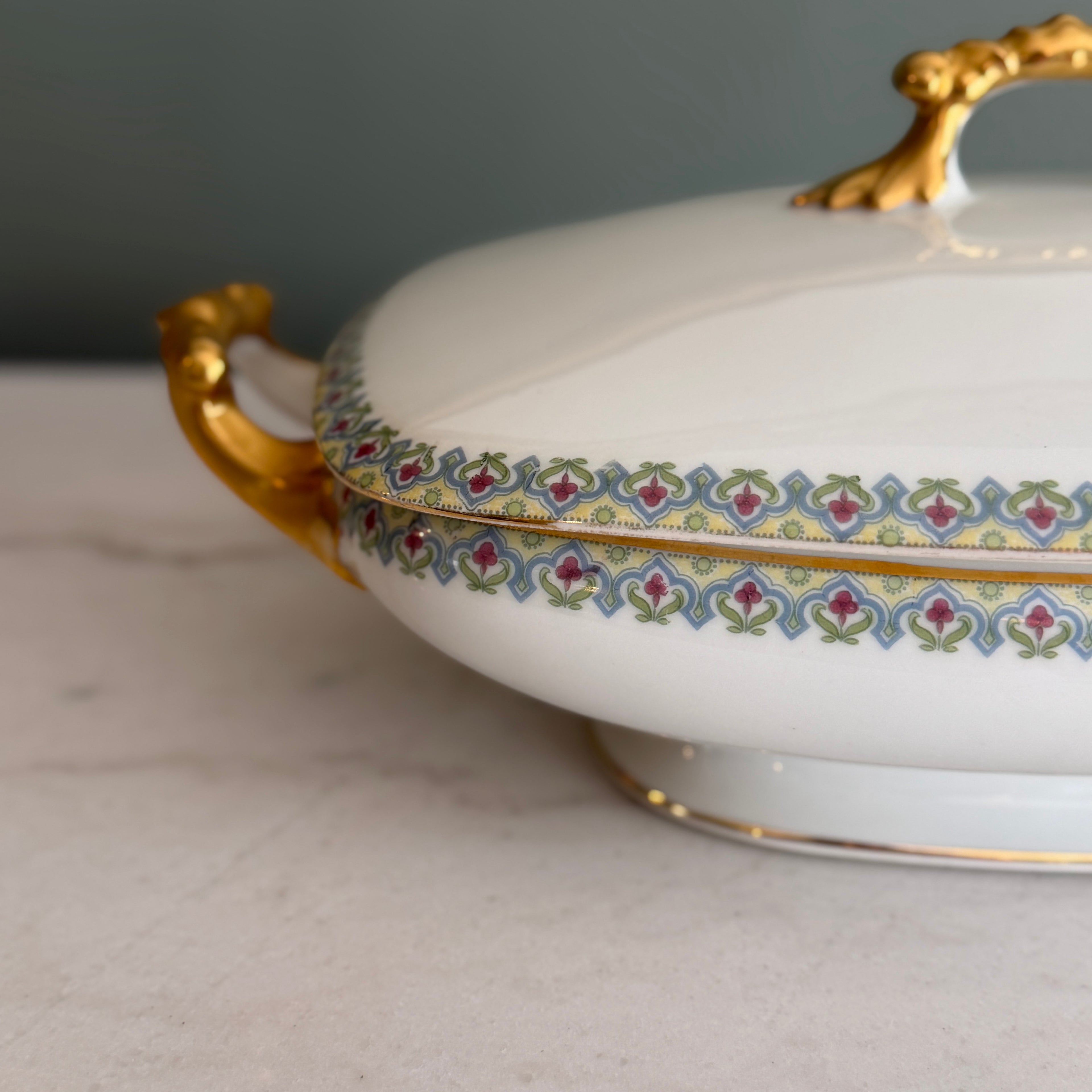 Antique c.1900 JPL Limoges France Porcelain Tureen 12"| Hand-painted Floral Border with Gilt Gold Handles and Trim| POY125