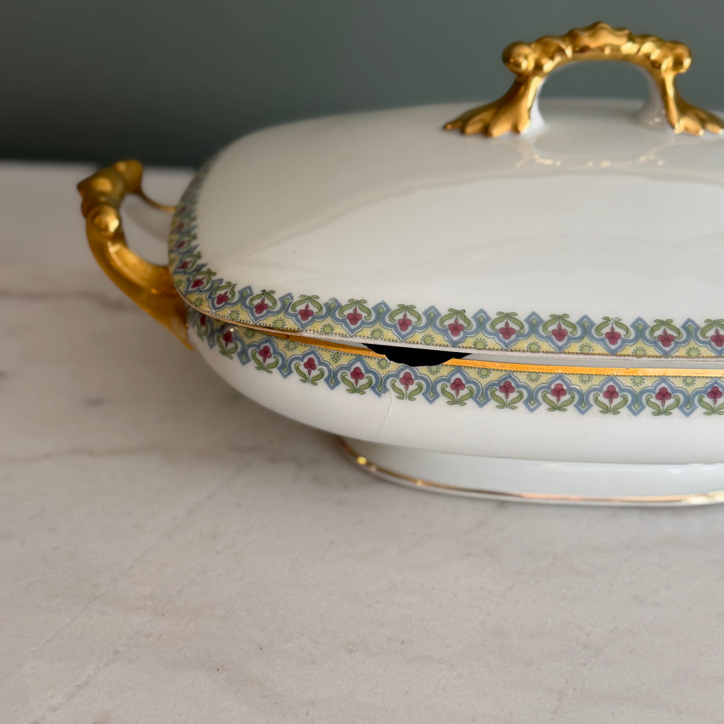 Antique c.1900 JPL Limoges France Porcelain Tureen 12"| Hand-painted Floral Border with Gilt Gold Handles and Trim| POY125