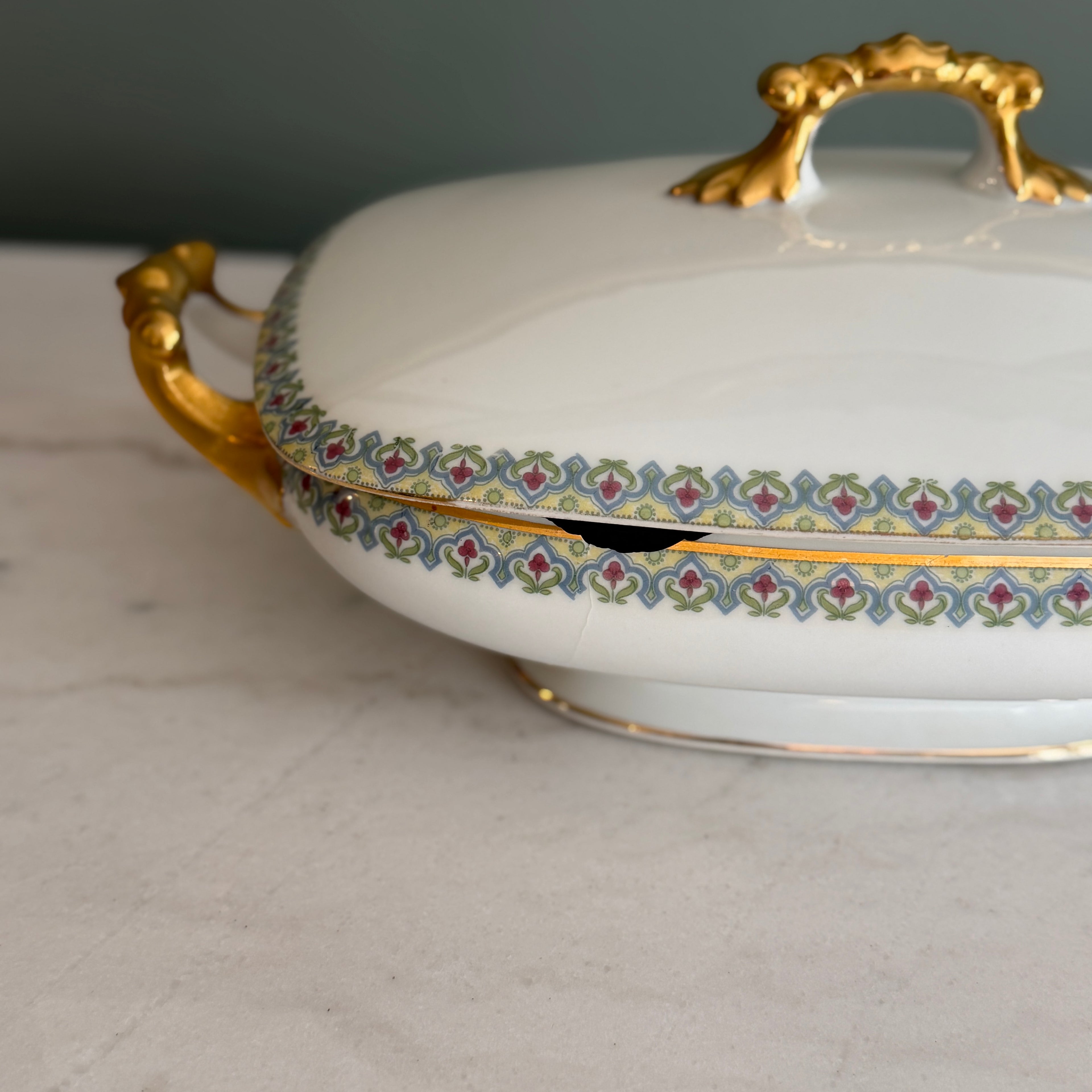 Antique c.1900 JPL Limoges France Porcelain Tureen 12"| Hand-painted Floral Border with Gilt Gold Handles and Trim| POY125