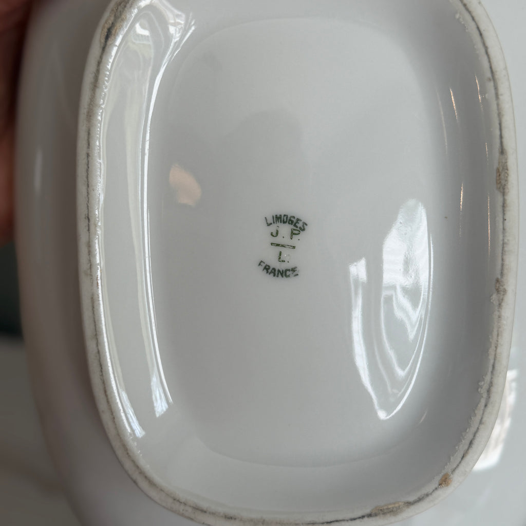 Antique c.1900 JPL Limoges France Porcelain Tureen 12"| Hand-painted Floral Border with Gilt Gold Handles and Trim| POY125