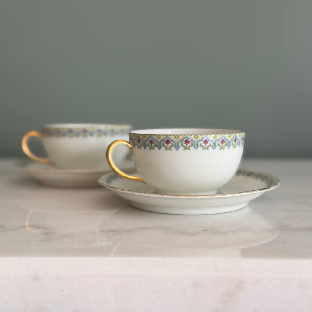 Antique c.1900 JPL Limoges France Porcelain Teacups and Saucers (Set of 2)| Hand painted Floral Edge with Gilt Gold Trim and Handles| POY125