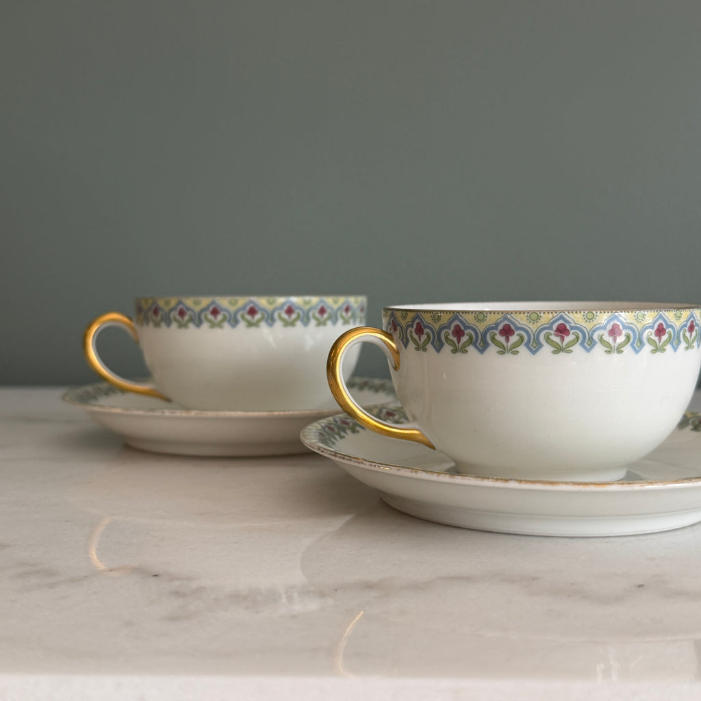 Antique c.1900 JPL Limoges France Porcelain Teacups and Saucers (Set of 2)| Hand painted Floral Edge with Gilt Gold Trim and Handles| POY125