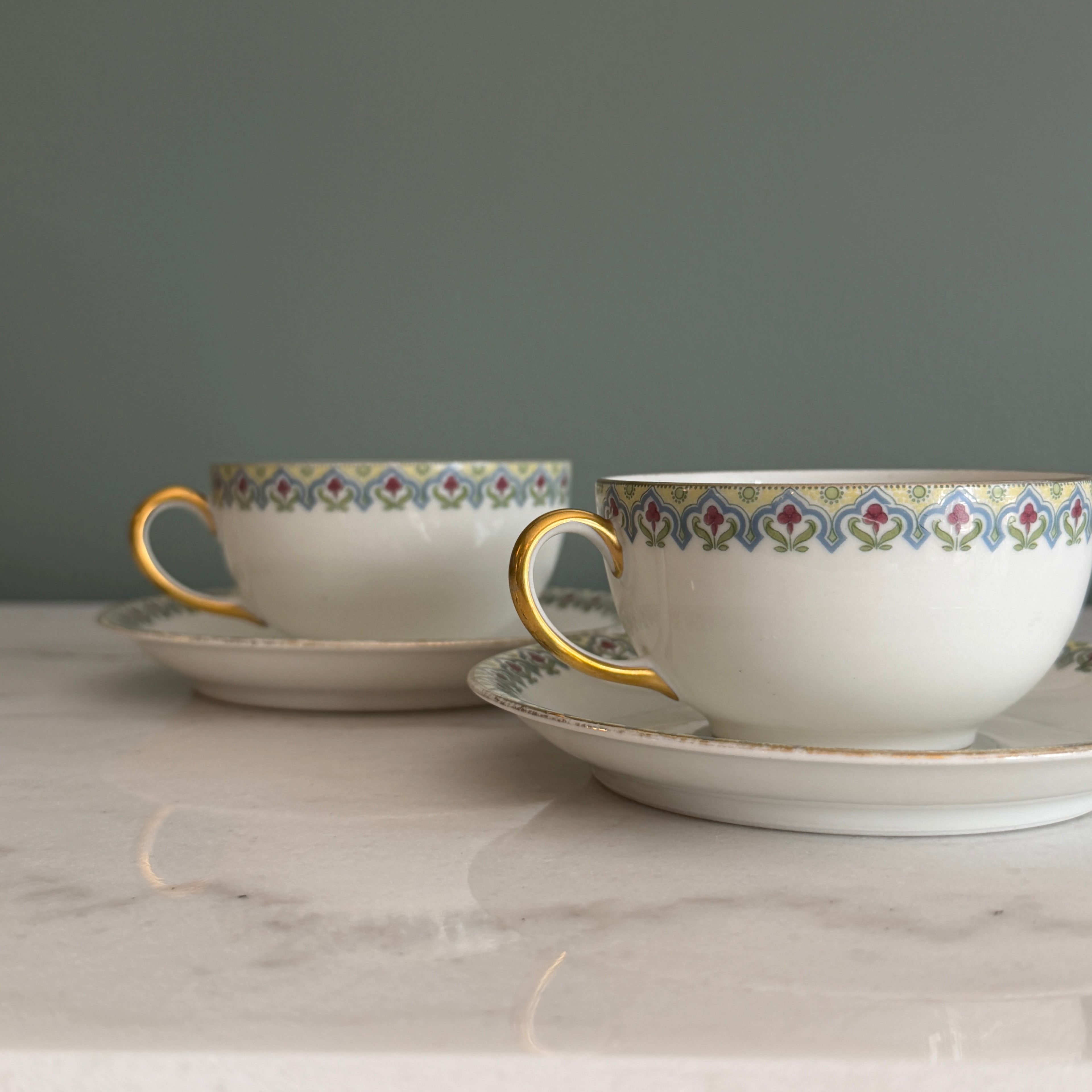 Antique c.1900 JPL Limoges France Porcelain Teacups and Saucers (Set of 2)| Hand painted Floral Edge with Gilt Gold Trim and Handles| POY125