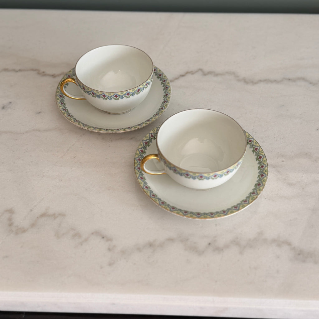 Antique c.1900 JPL Limoges France Porcelain Teacups and Saucers (Set of 2)| Hand painted Floral Edge with Gilt Gold Trim and Handles| POY125