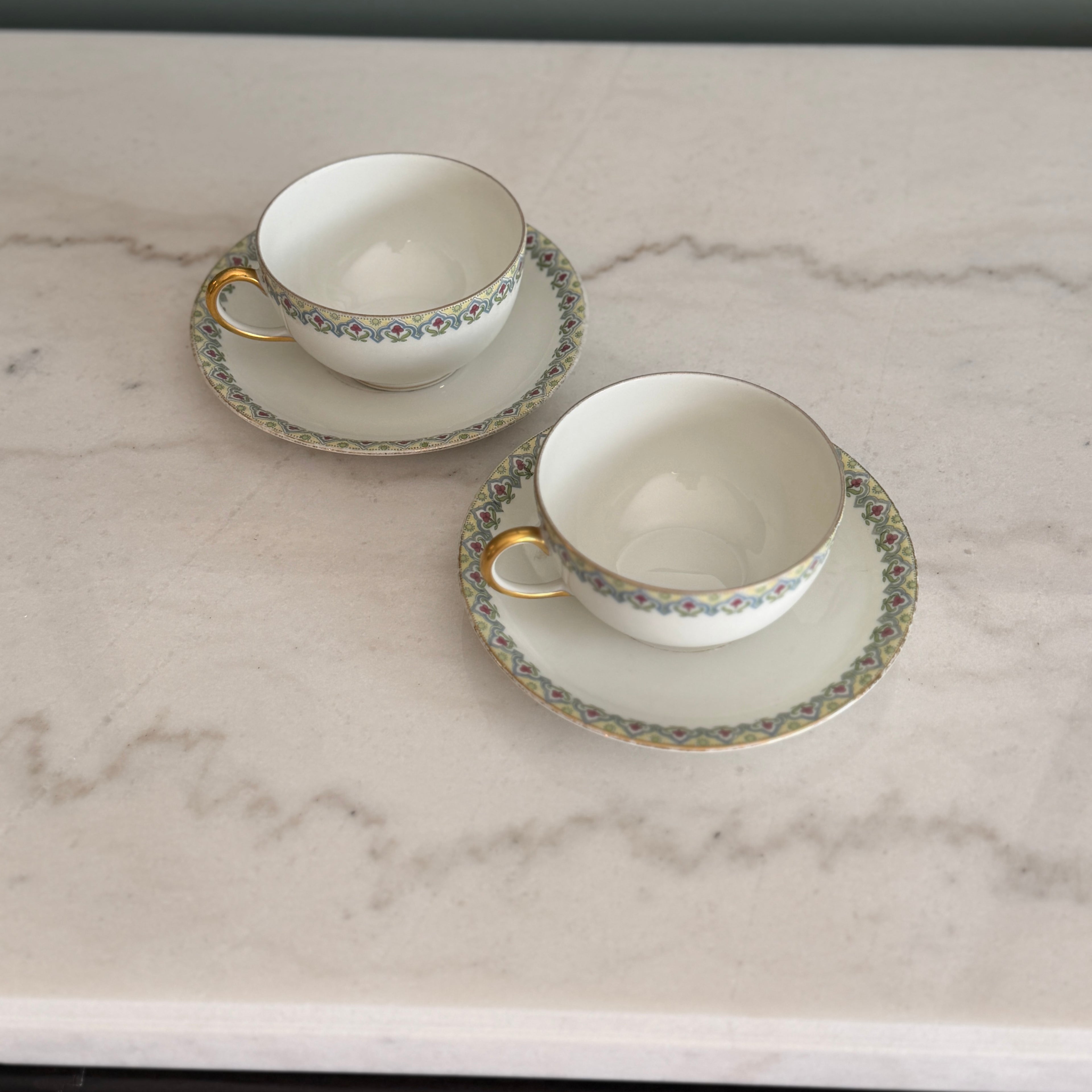 Antique c.1900 JPL Limoges France Porcelain Teacups and Saucers (Set of 2)| Hand painted Floral Edge with Gilt Gold Trim and Handles| POY125