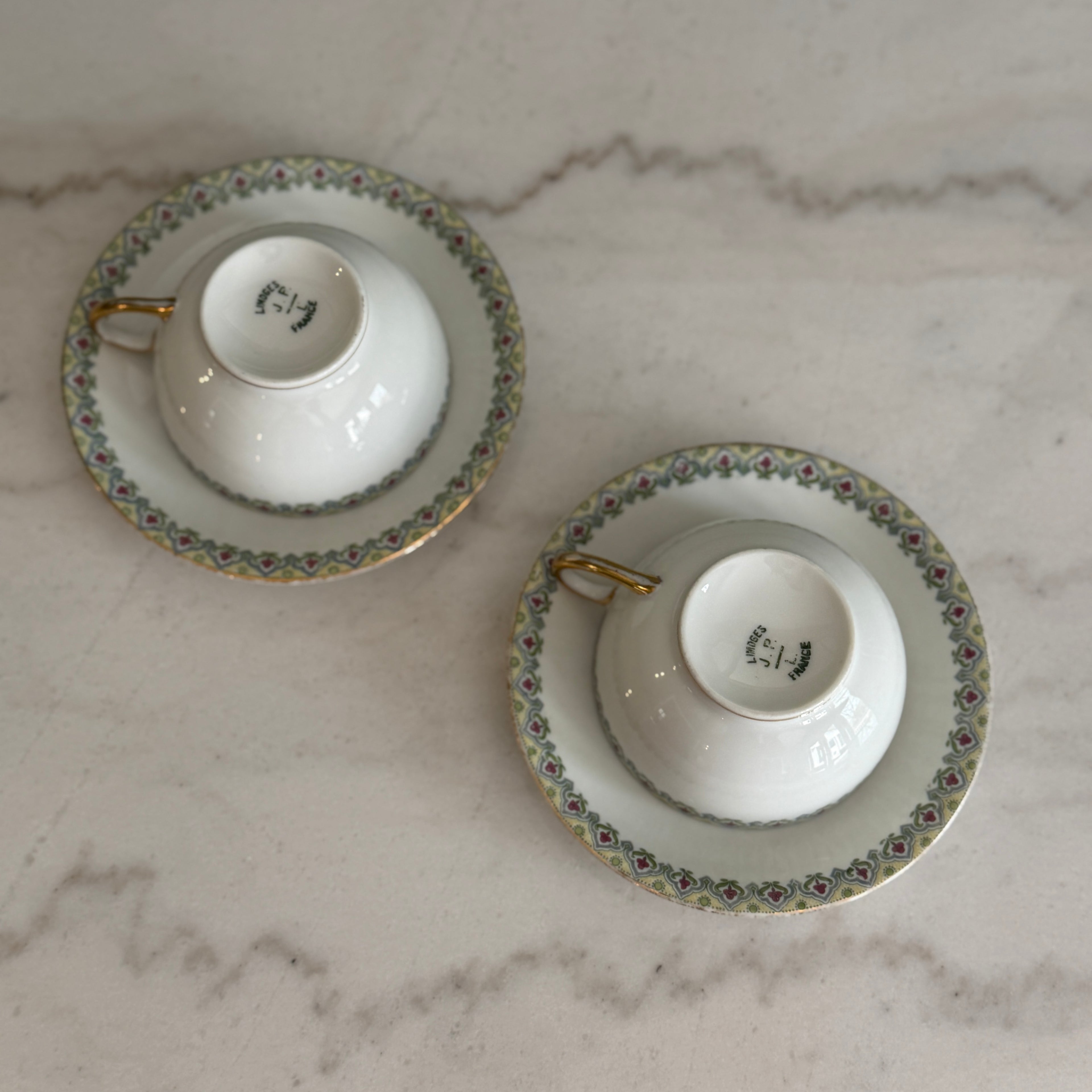 Antique c.1900 JPL Limoges France Porcelain Teacups and Saucers (Set of 2)| Hand painted Floral Edge with Gilt Gold Trim and Handles| POY125