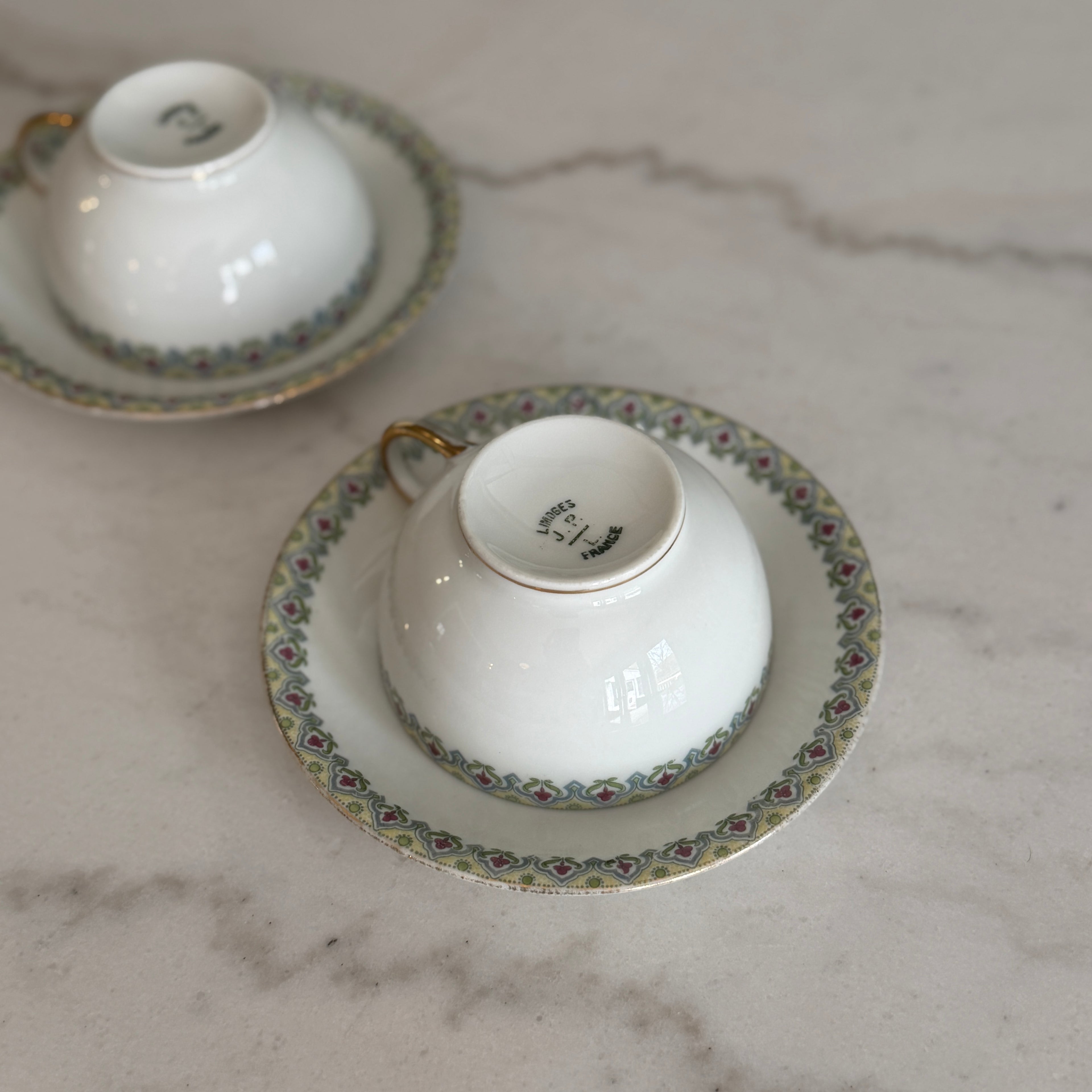 Antique c.1900 JPL Limoges France Porcelain Teacups and Saucers (Set of 2)| Hand painted Floral Edge with Gilt Gold Trim and Handles| POY125