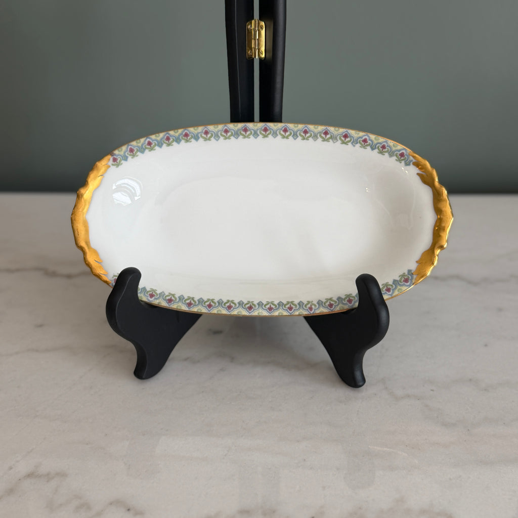 Antique c.1900 JPL Limoges France Porcelain Serving Dish 10"| Hand-painted Floral Edge with Gilt Gold Handles| POY125