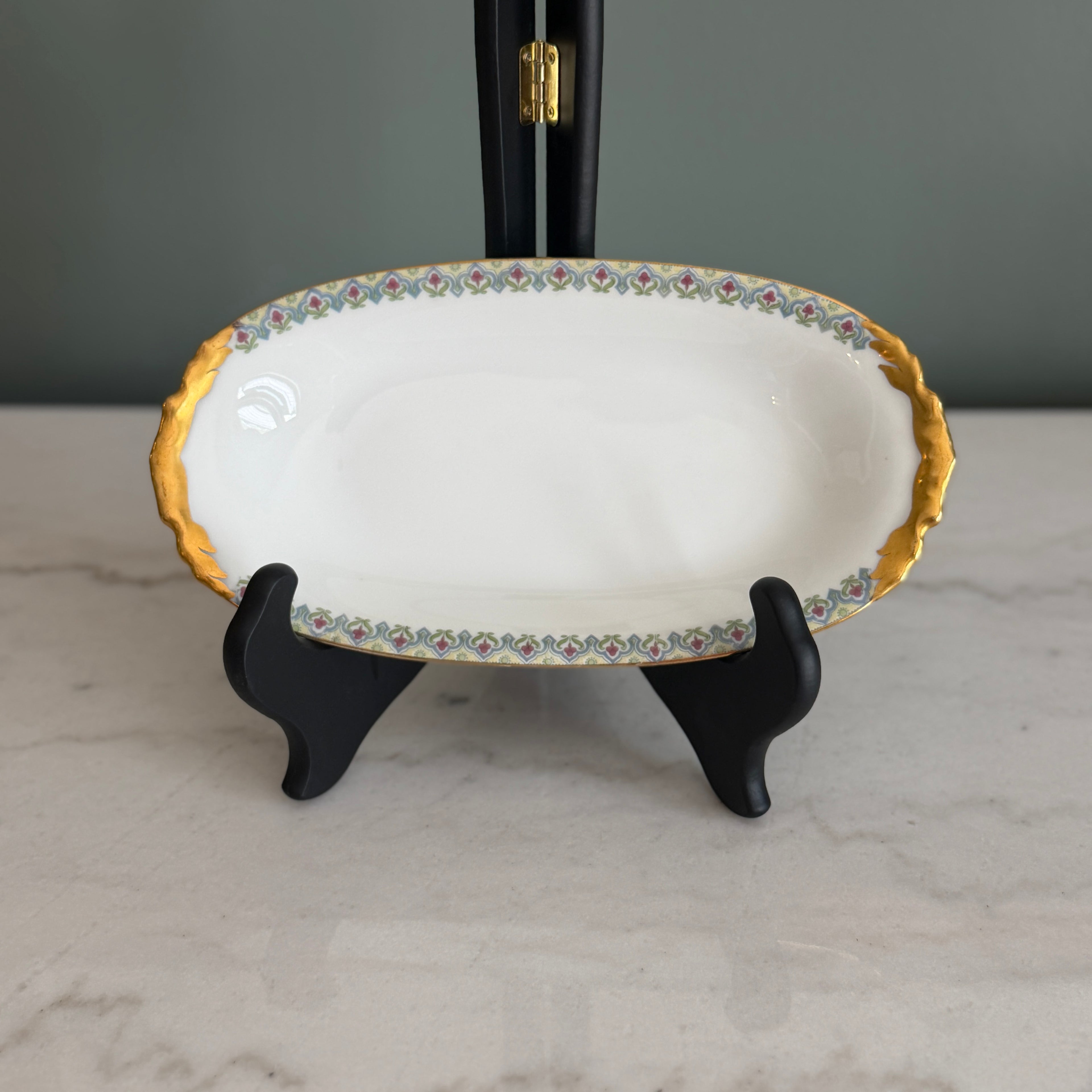 Antique c.1900 JPL Limoges France Porcelain Serving Dish 10"| Hand-painted Floral Edge with Gilt Gold Handles| POY125