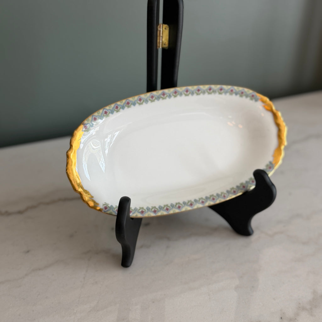 Antique c.1900 JPL Limoges France Porcelain Serving Dish 10"| Hand-painted Floral Edge with Gilt Gold Handles| POY125
