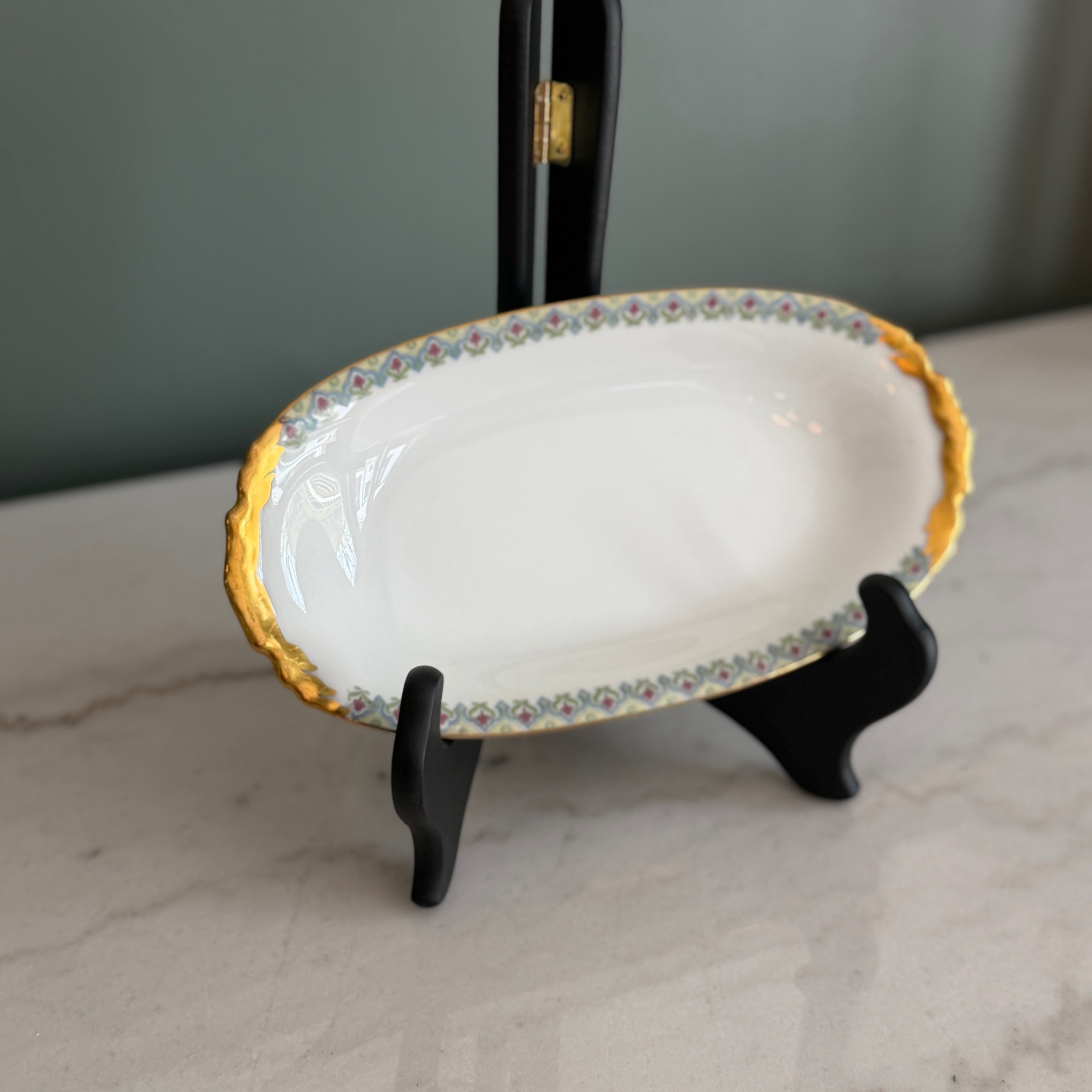 Antique c.1900 JPL Limoges France Porcelain Serving Dish 10"| Hand-painted Floral Edge with Gilt Gold Handles| POY125