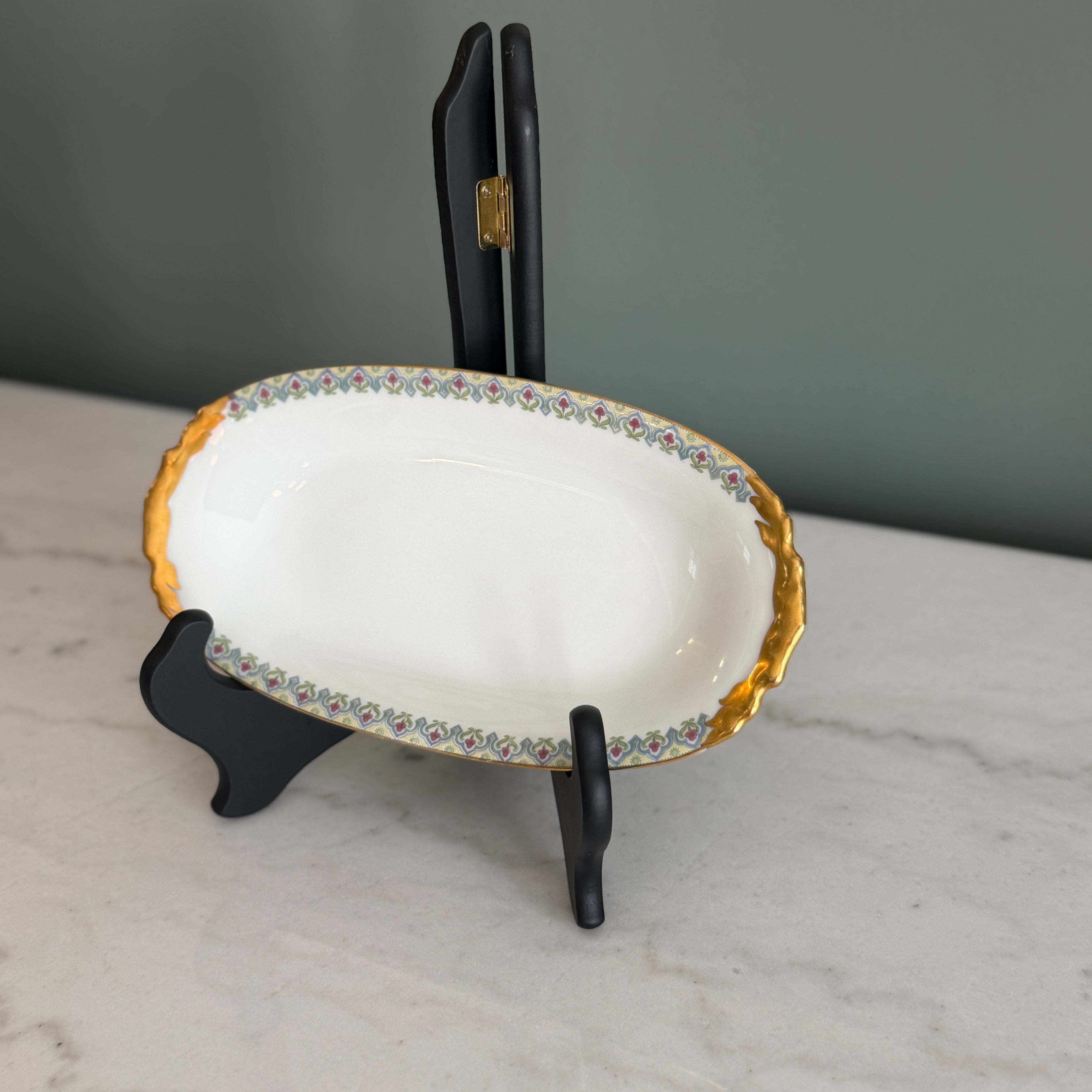 Antique c.1900 JPL Limoges France Porcelain Serving Dish 10"| Hand-painted Floral Edge with Gilt Gold Handles| POY125