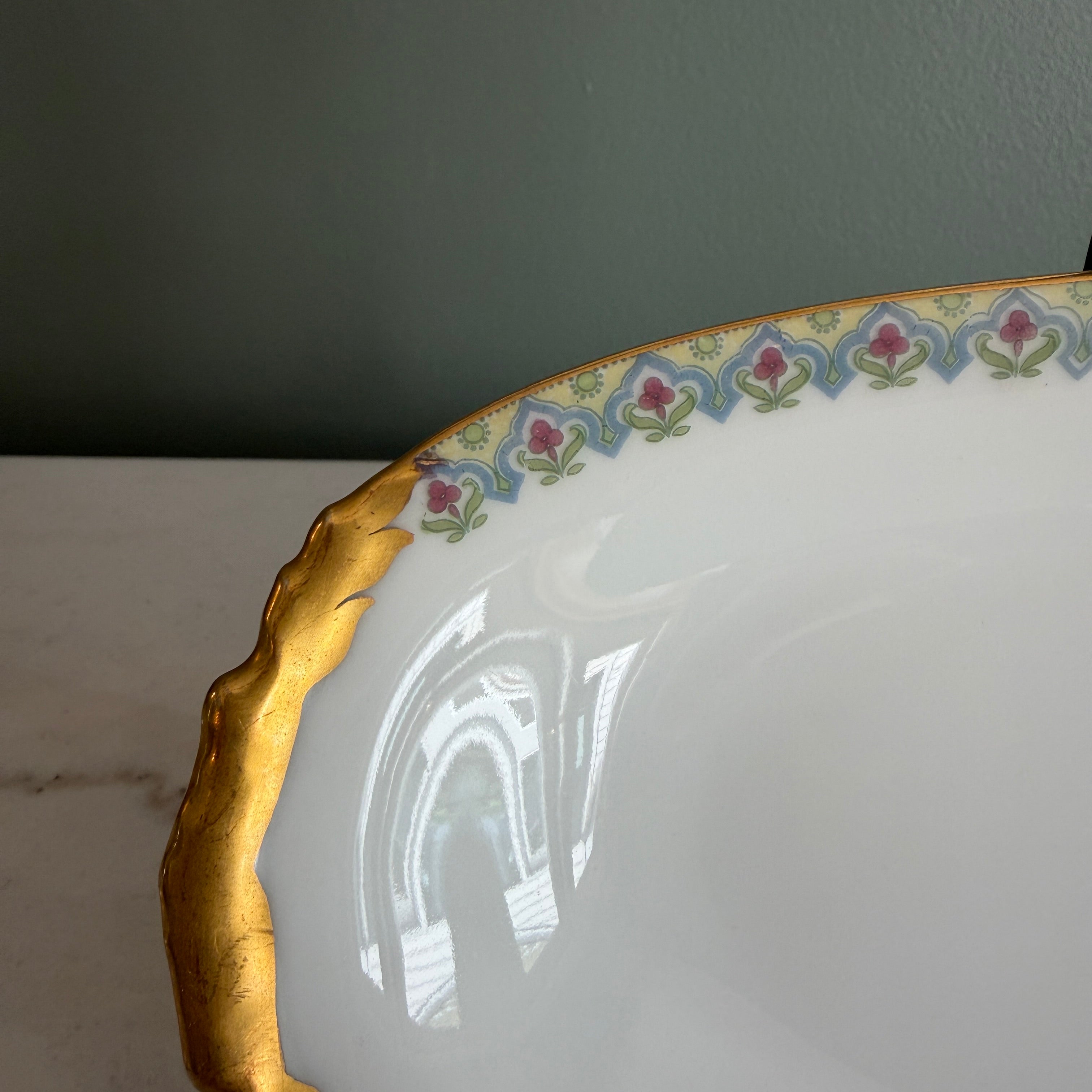 Antique c.1900 JPL Limoges France Porcelain Serving Dish 10"| Hand-painted Floral Edge with Gilt Gold Handles| POY125