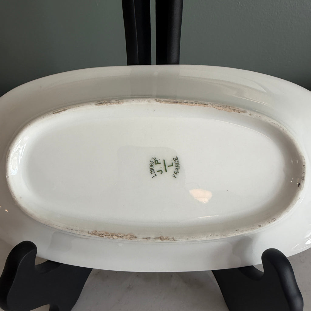 Antique c.1900 JPL Limoges France Porcelain Serving Dish 10"| Hand-painted Floral Edge with Gilt Gold Handles| POY125