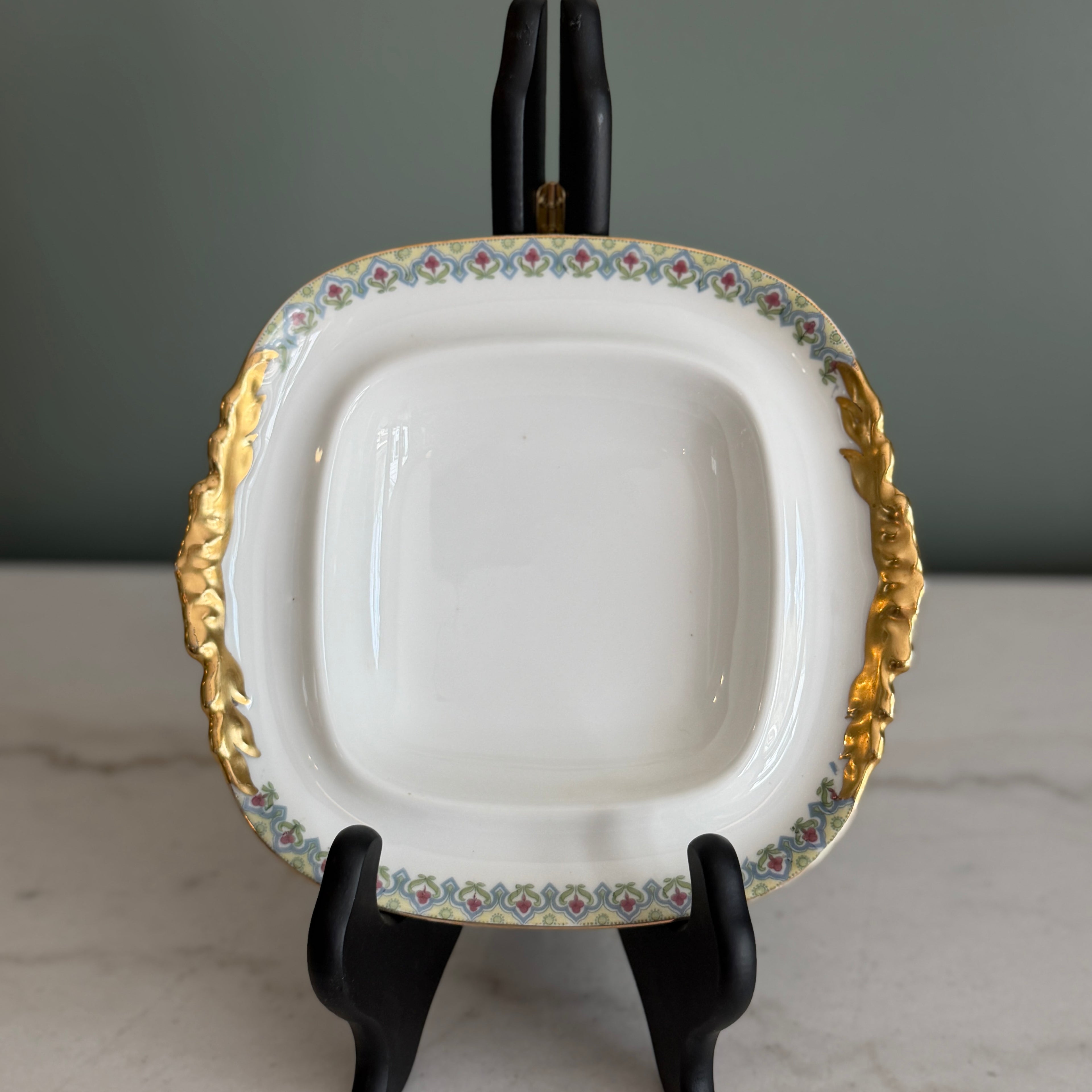 Antique c.1900 JPL Limoges France Porcelain Serving Dish 7"| Hand-Painted Floral Border Gilt Gold Handles| POY125