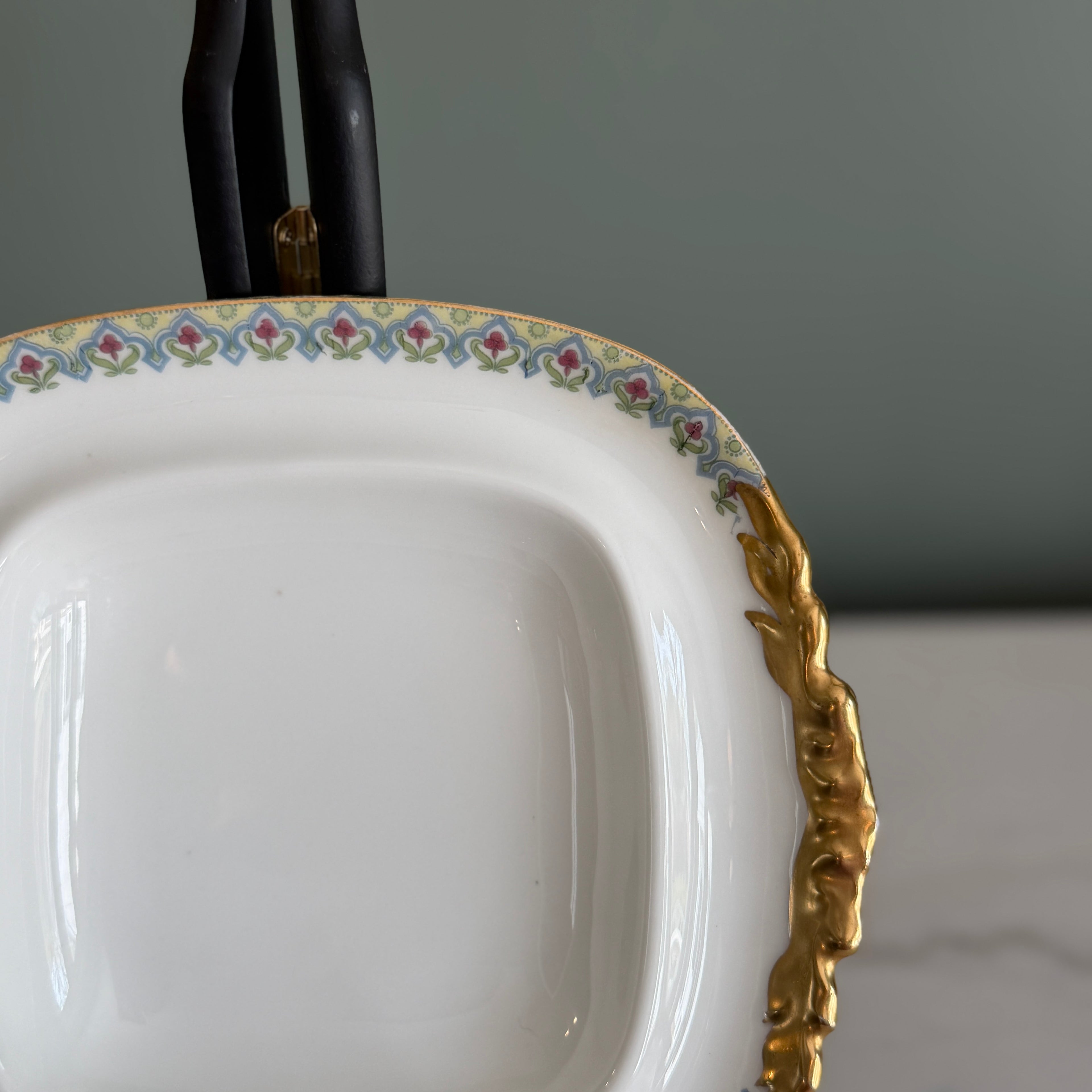 Antique c.1900 JPL Limoges France Porcelain Serving Dish 7"| Hand-Painted Floral Border Gilt Gold Handles| POY125