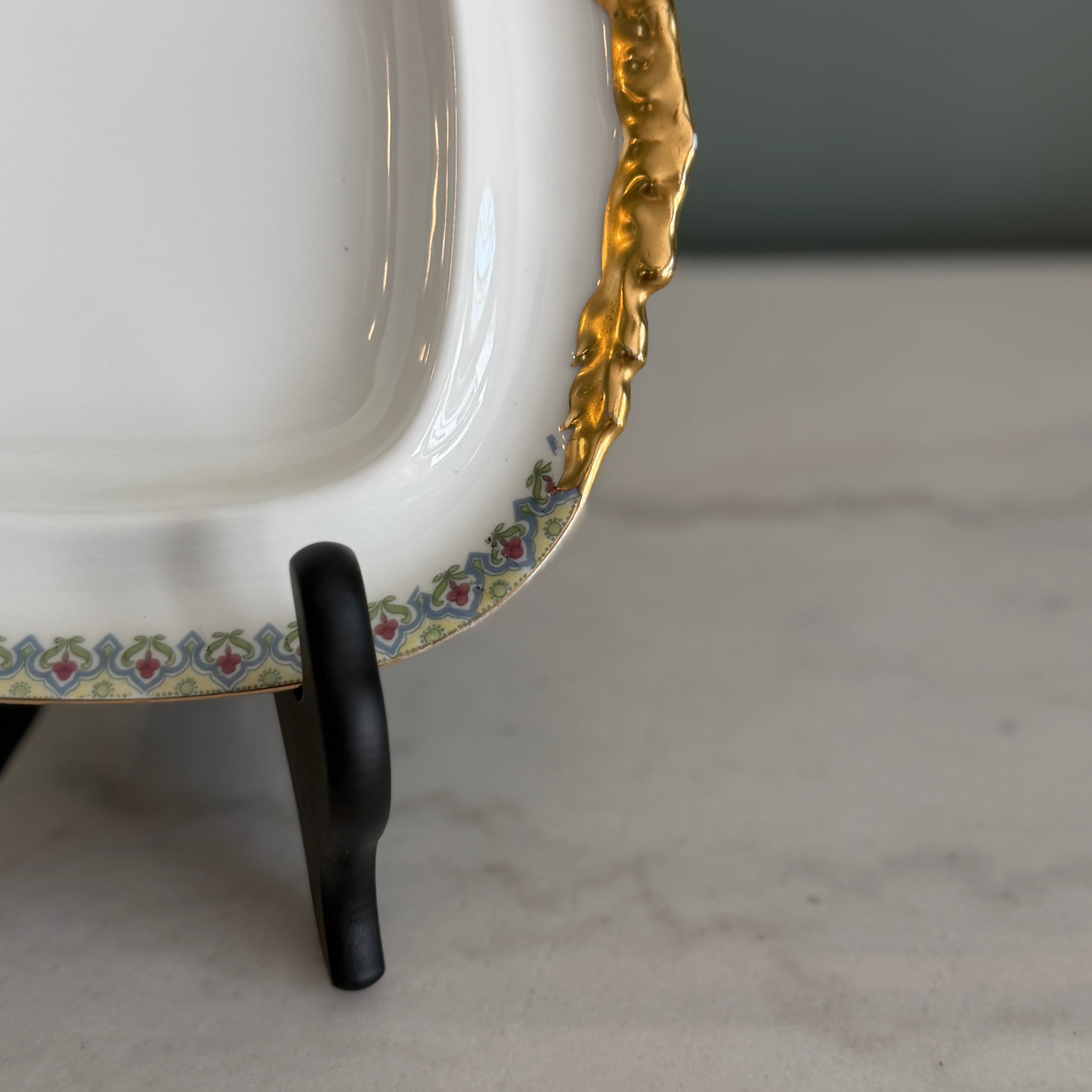 Antique c.1900 JPL Limoges France Porcelain Serving Dish 7"| Hand-Painted Floral Border Gilt Gold Handles| POY125