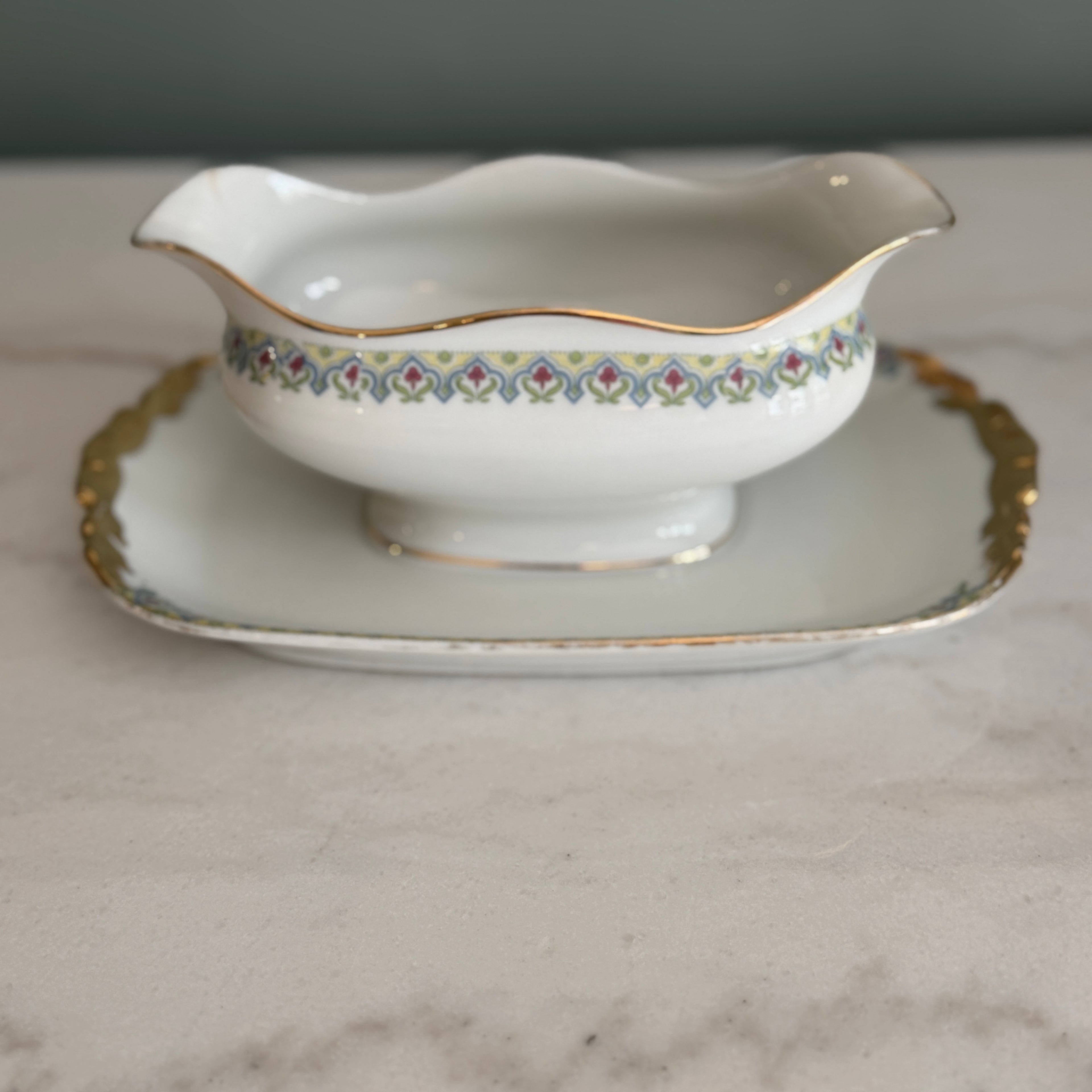 Antique c. 1900 JPL Limoges France Porcelain Gravy Boat with Underplate 8"| Hand-Painted Floral Border and Gilt Gold Handles| POY125
