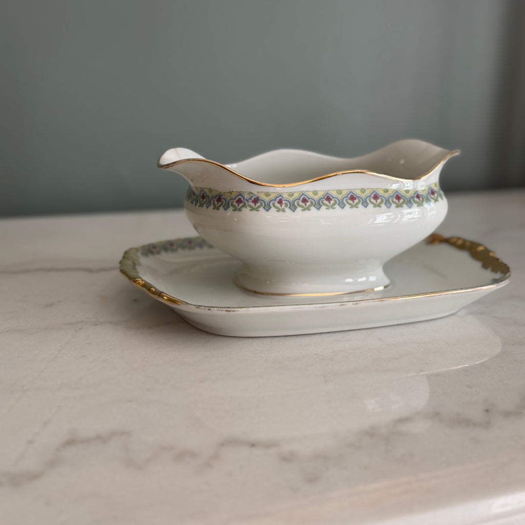 Antique c. 1900 JPL Limoges France Porcelain Gravy Boat with Underplate 8"| Hand-Painted Floral Border and Gilt Gold Handles| POY125