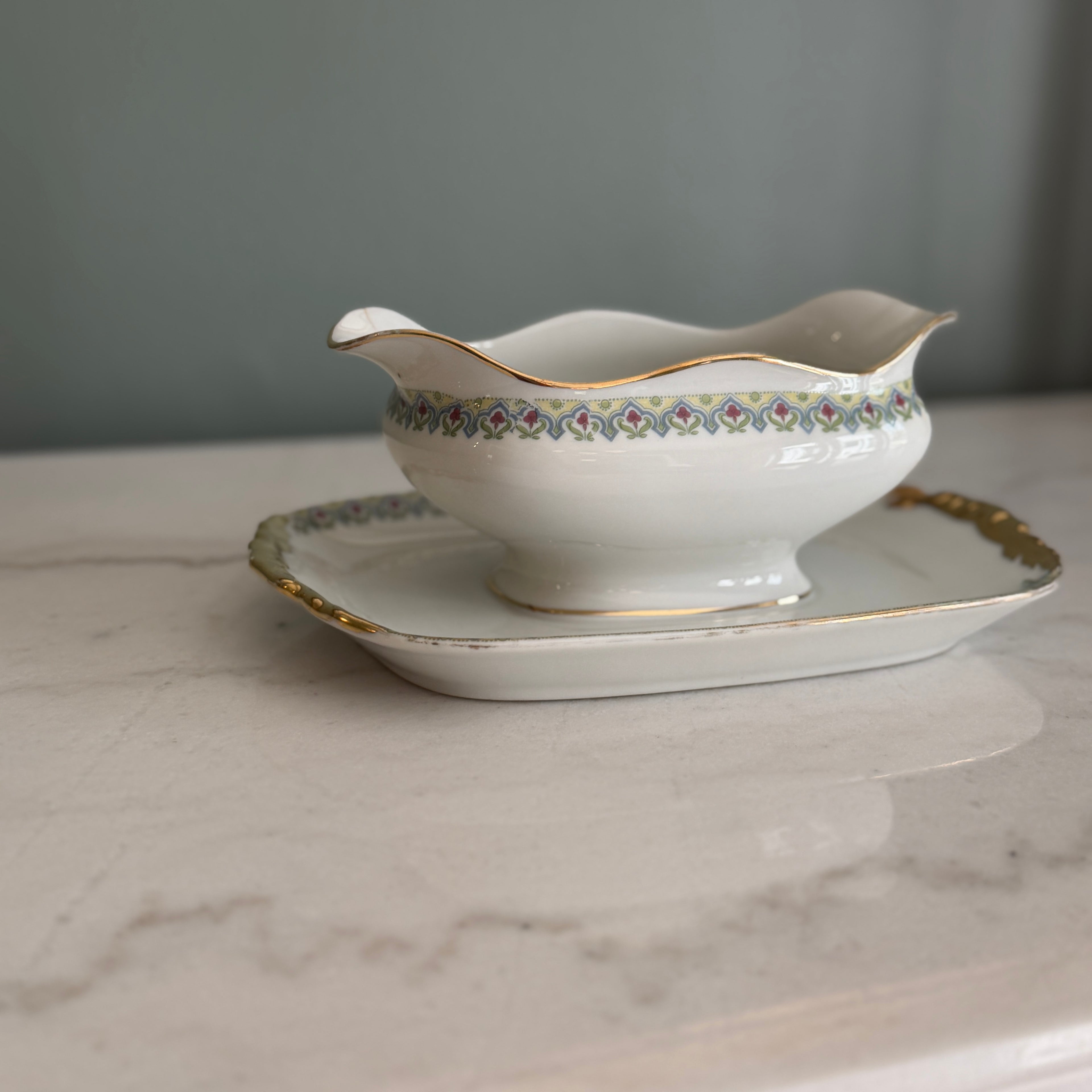 Antique c. 1900 JPL Limoges France Porcelain Gravy Boat with Underplate 8"| Hand-Painted Floral Border and Gilt Gold Handles| POY125