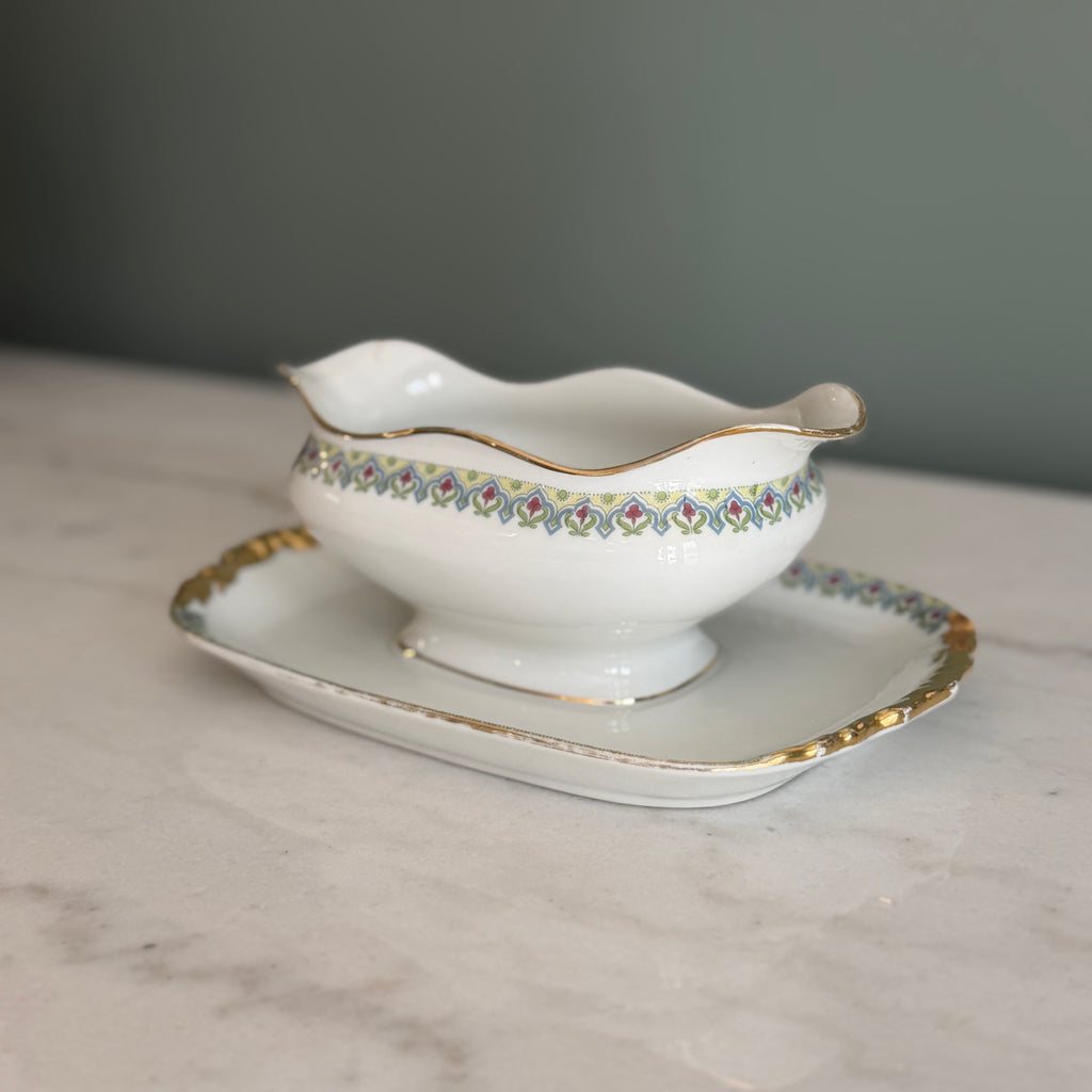 Antique c. 1900 JPL Limoges France Porcelain Gravy Boat with Underplate 8"| Hand-Painted Floral Border and Gilt Gold Handles| POY125