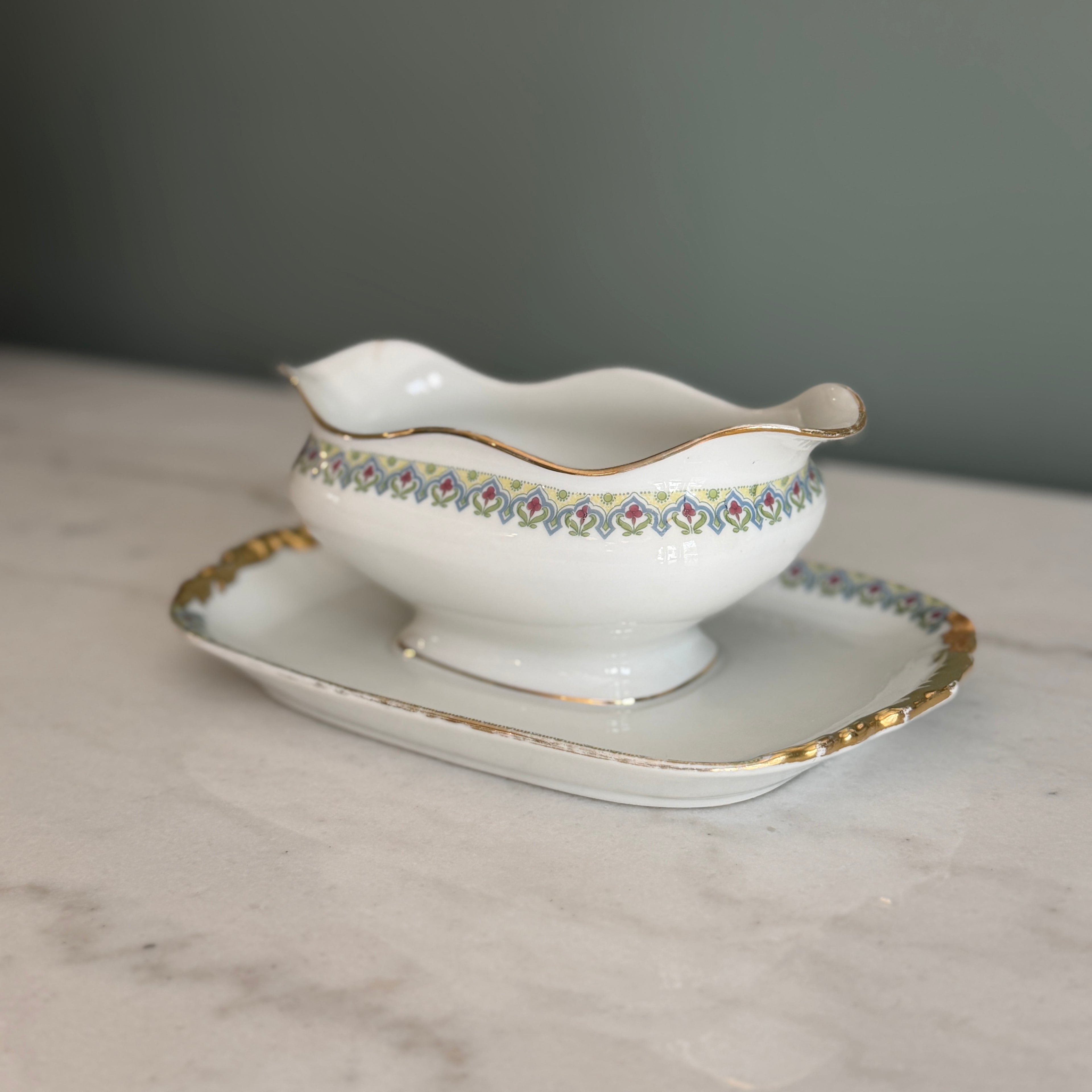 Antique c. 1900 JPL Limoges France Porcelain Gravy Boat with Underplate 8"| Hand-Painted Floral Border and Gilt Gold Handles| POY125