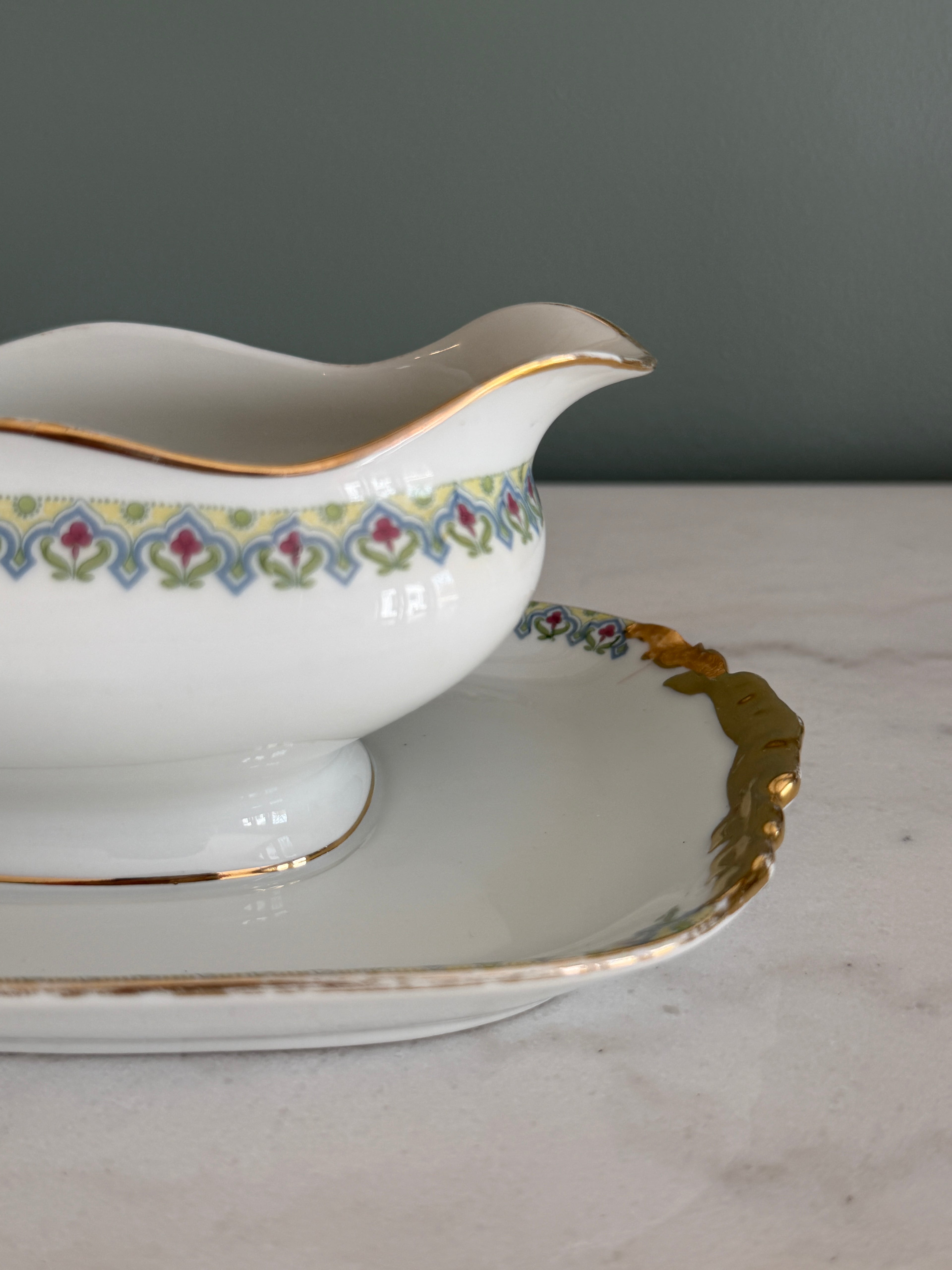 Antique c. 1900 JPL Limoges France Porcelain Gravy Boat with Underplate 8"| Hand-Painted Floral Border and Gilt Gold Handles| POY125
