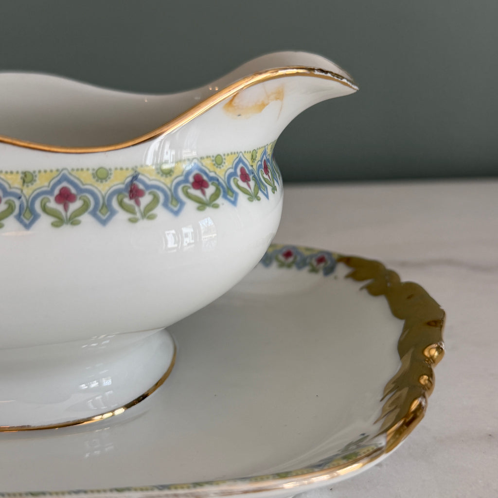 Antique c. 1900 JPL Limoges France Porcelain Gravy Boat with Underplate 8"| Hand-Painted Floral Border and Gilt Gold Handles| POY125