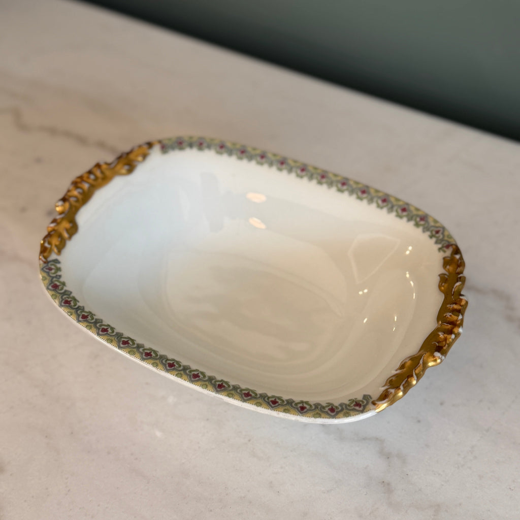 Antique c.1900 JPL Limoges France Serving Bowl 8"| Hand-Painted Floral and Gilt Gold Handles| POY125