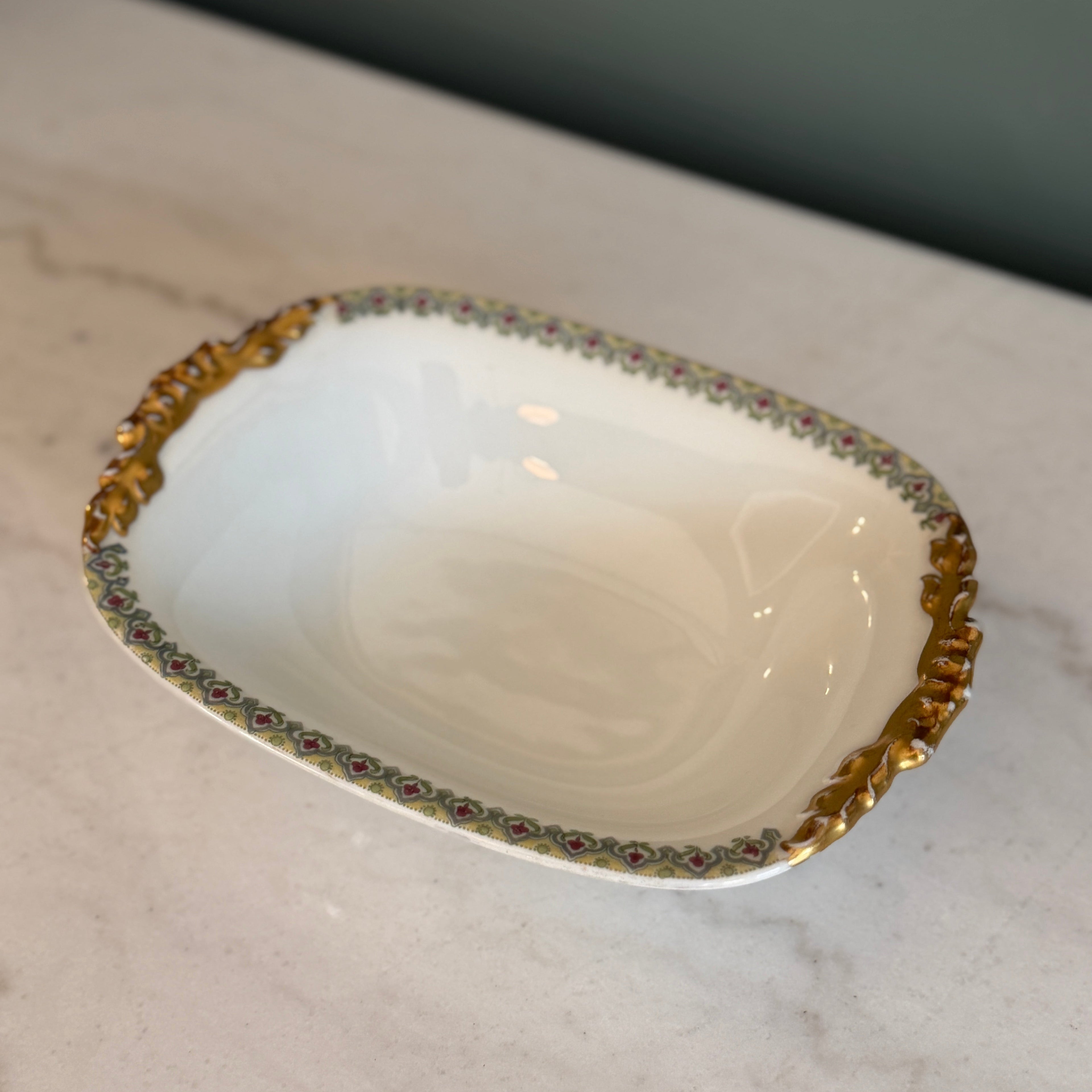 Antique c.1900 JPL Limoges France Serving Bowl 8"| Hand-Painted Floral and Gilt Gold Handles| POY125