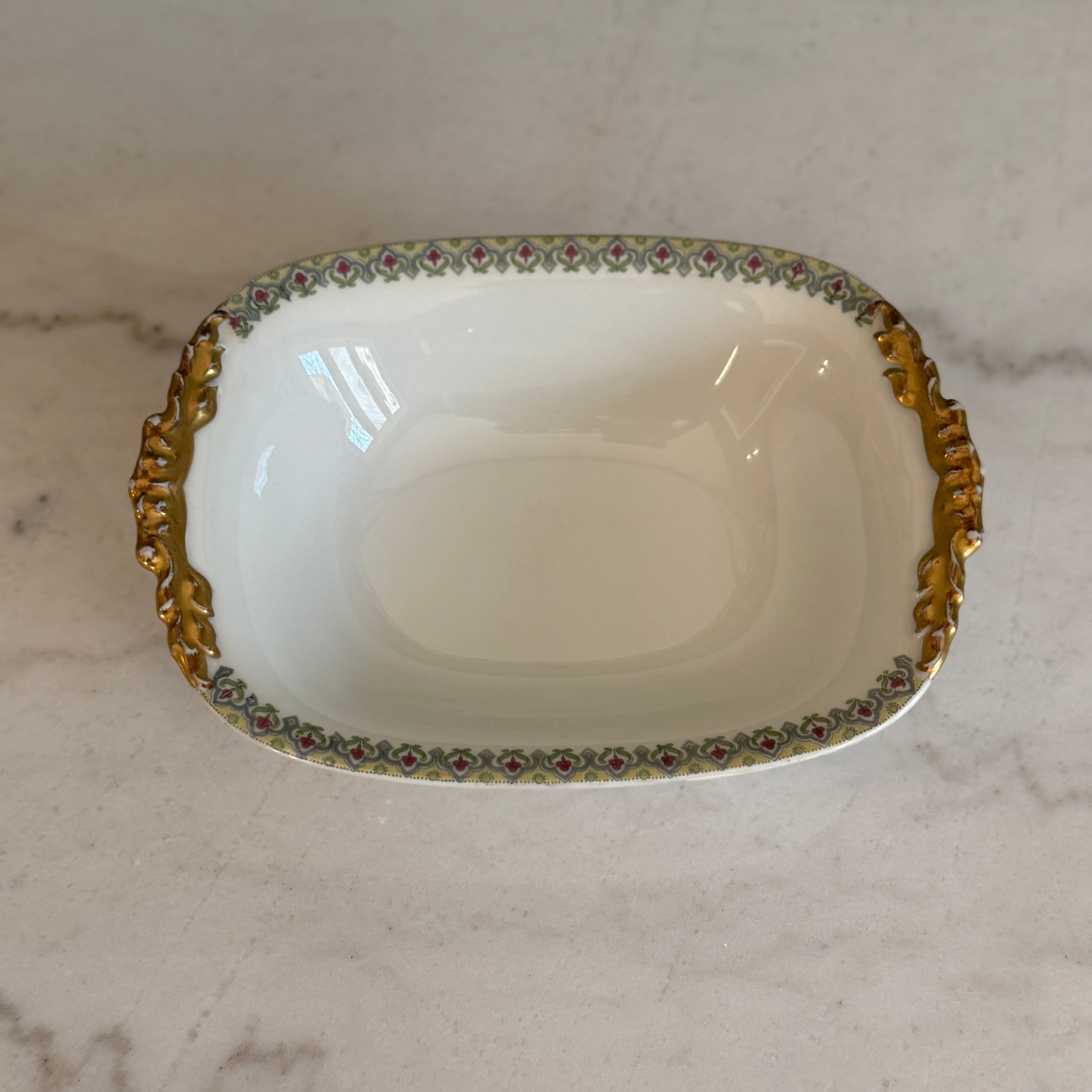 Antique c.1900 JPL Limoges France Serving Bowl 8"| Hand-Painted Floral and Gilt Gold Handles| POY125