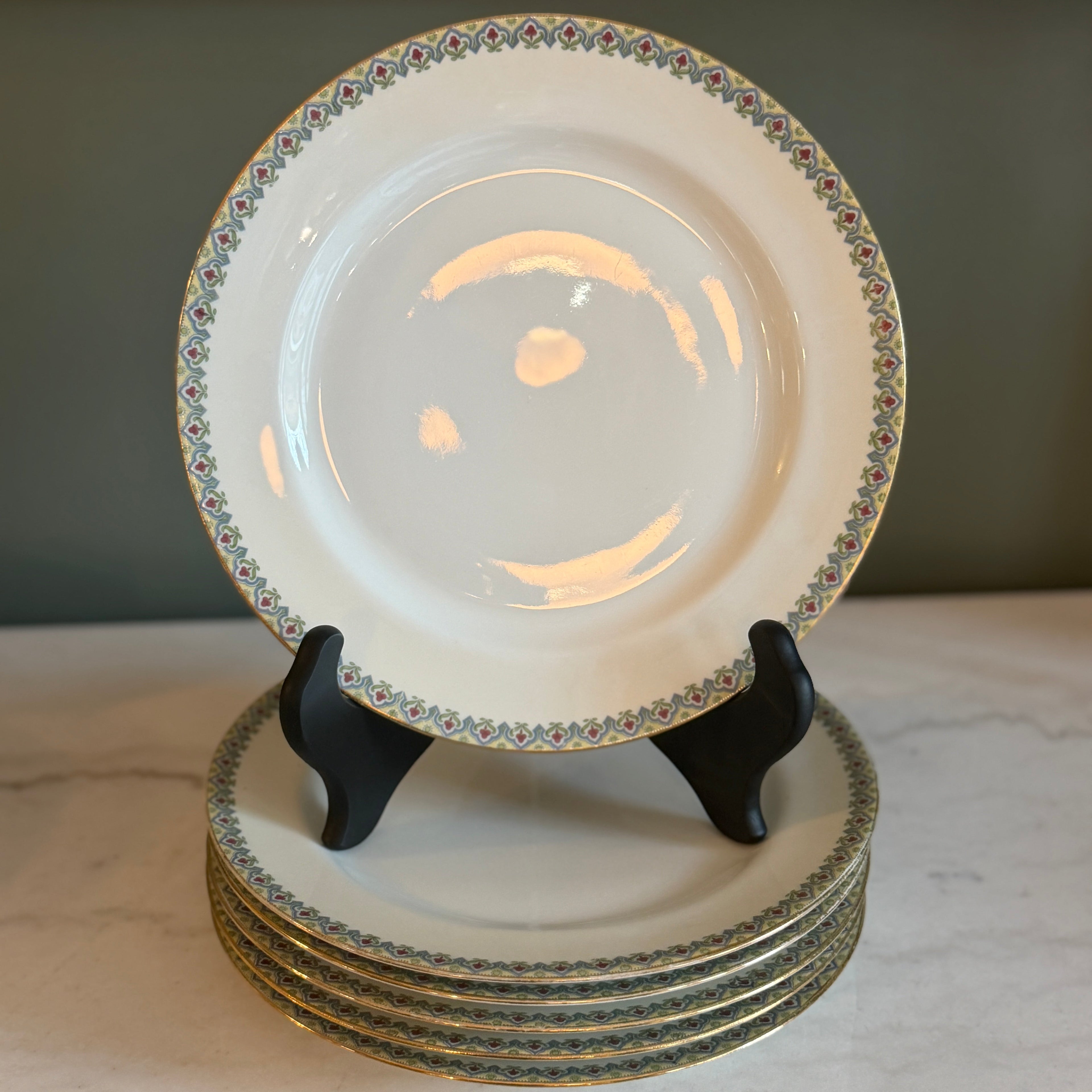 Antique c.1900 JPL Limoges France Porcelain Dinner Plate 9.5” (Set of 6)| Hand-Painted Floral and Gilt Gold Border | POY125