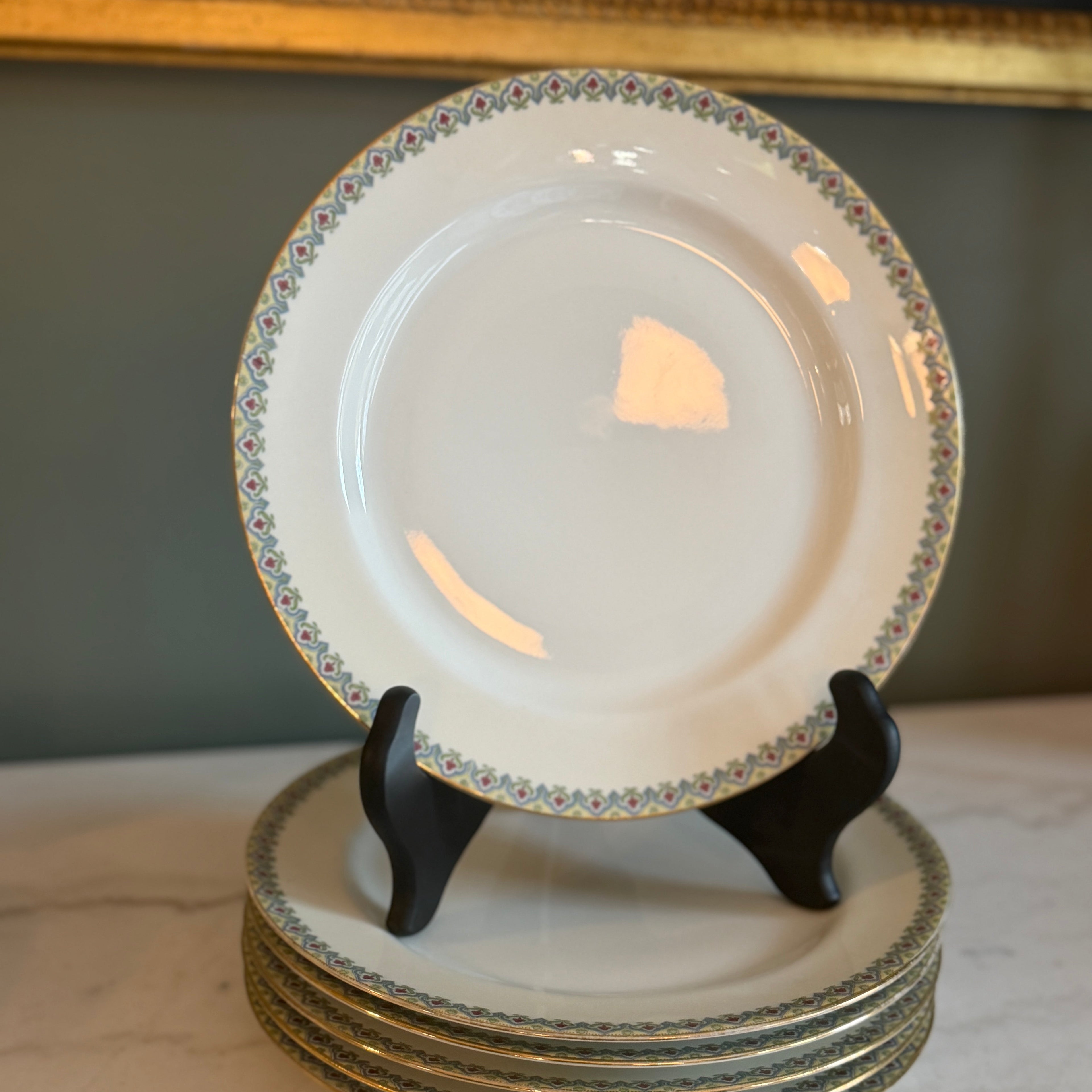 Antique c.1900 JPL Limoges France Porcelain Dinner Plate 9.5” (Set of 6)| Hand-Painted Floral and Gilt Gold Border | POY125