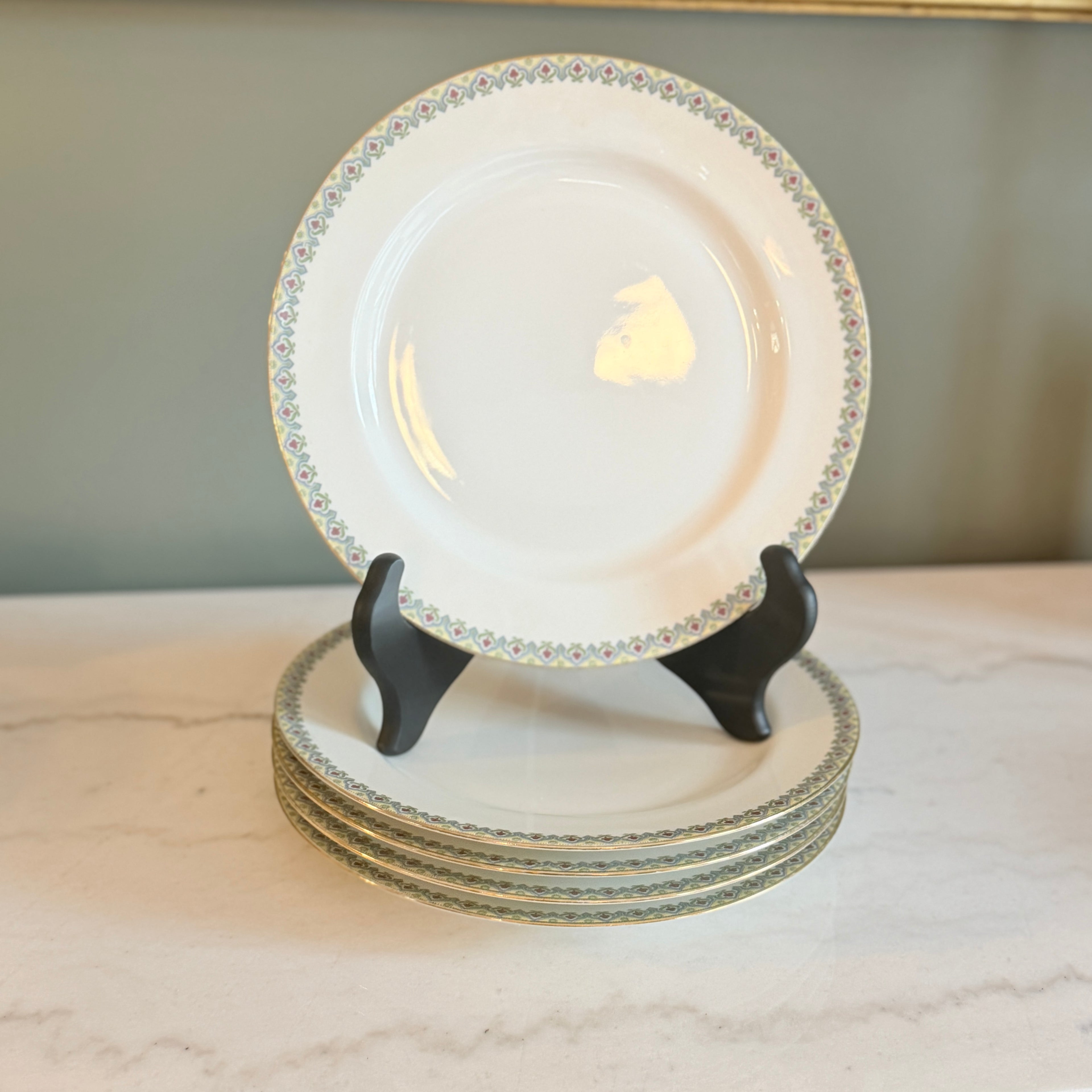 Antique c.1900 JPL Limoges France Porcelain Dinner Plate 9.5" (Set of 5)| Hand-Painted Floral and Gilt Gold Border | POY125